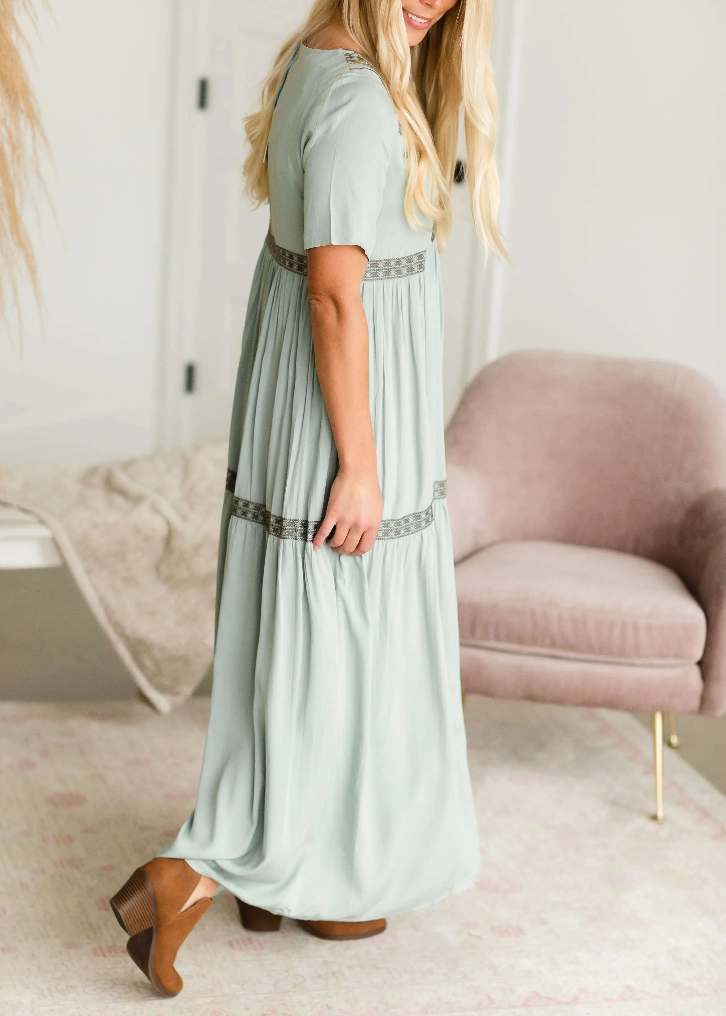 Sage Embroidered Front Maxi Dress - FINAL SALE