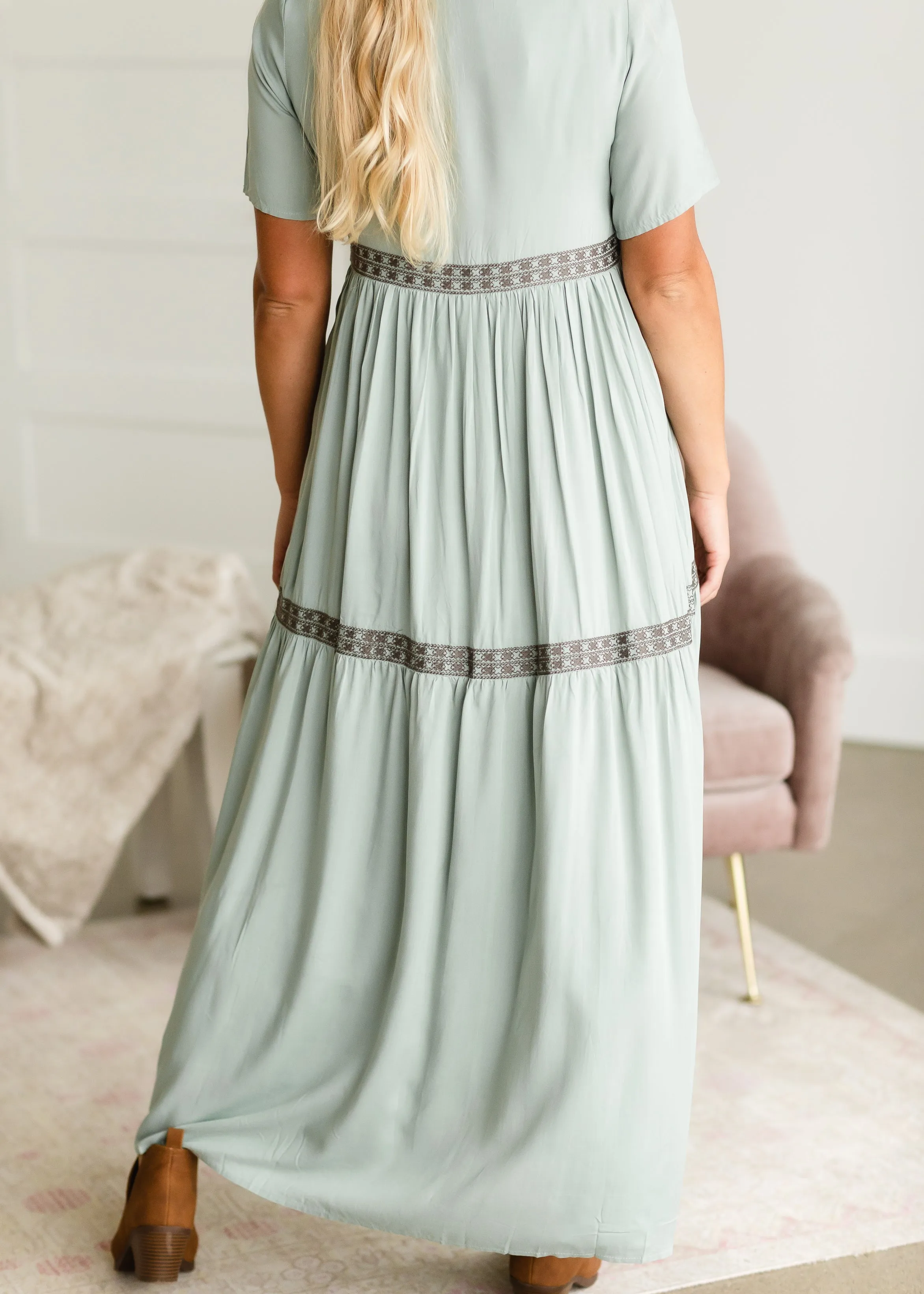 Sage Embroidered Front Maxi Dress - FINAL SALE