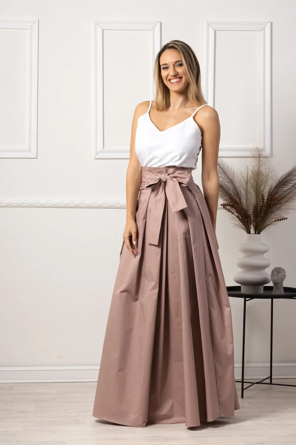 Sage Green High Waist Pleated Maxi Skirt