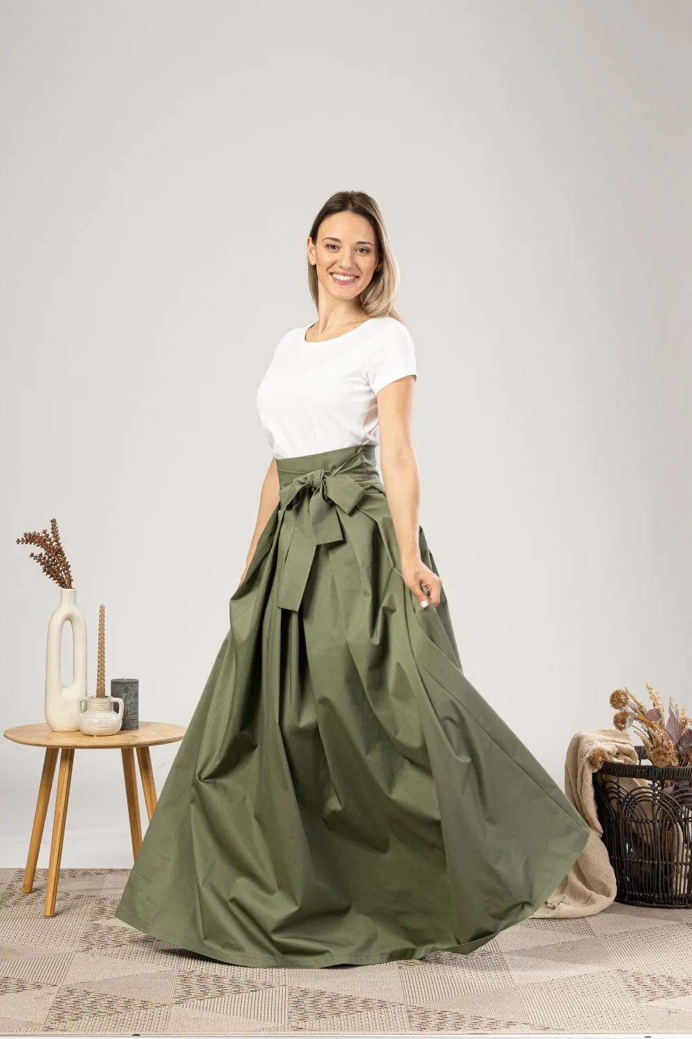 Sage Green High Waist Pleated Maxi Skirt