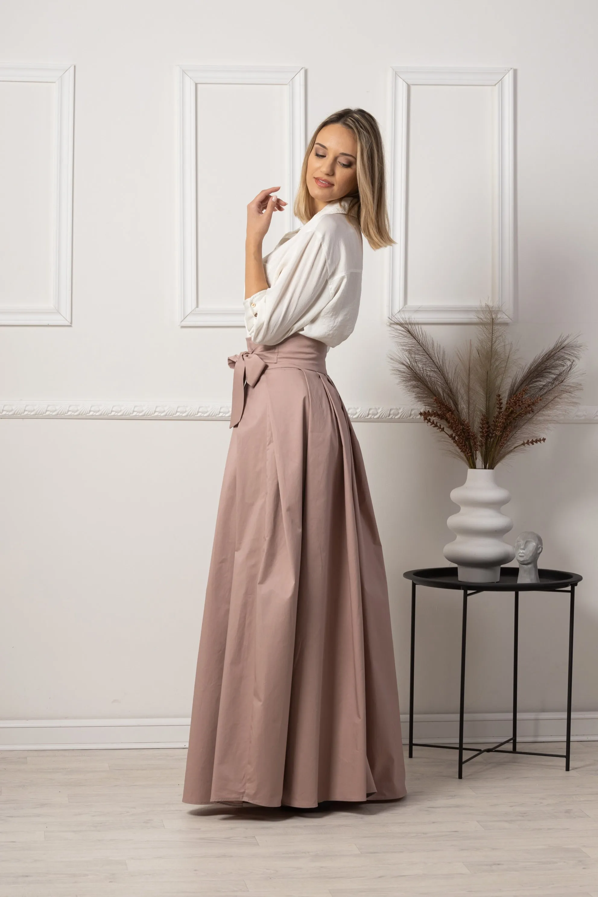 Sage Green High Waist Pleated Maxi Skirt