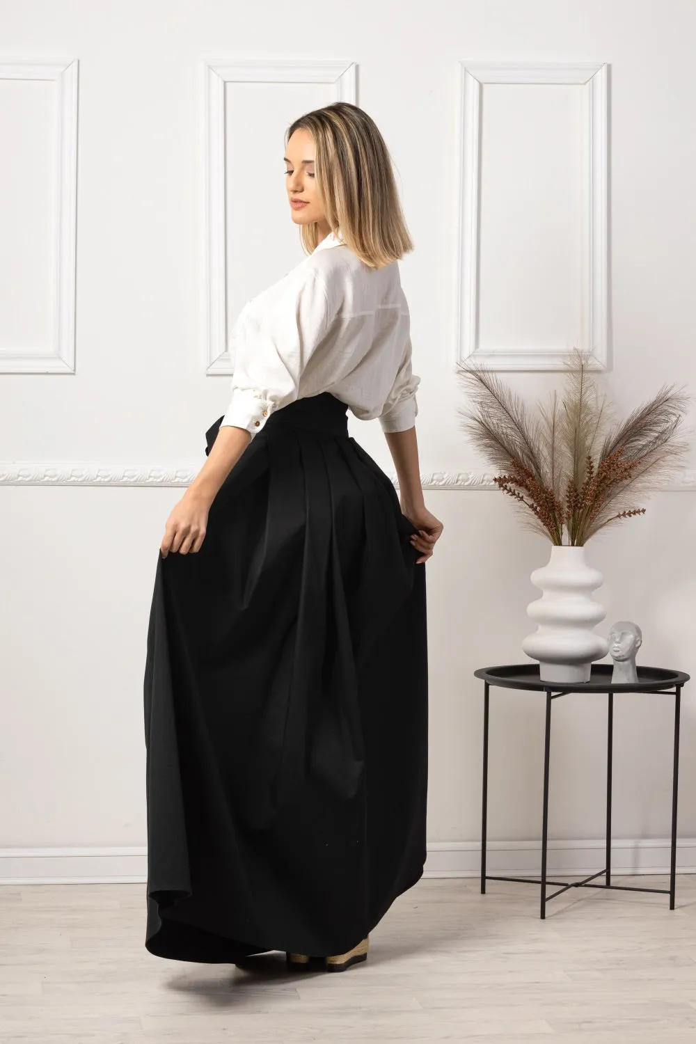 Sage Green High Waist Pleated Maxi Skirt