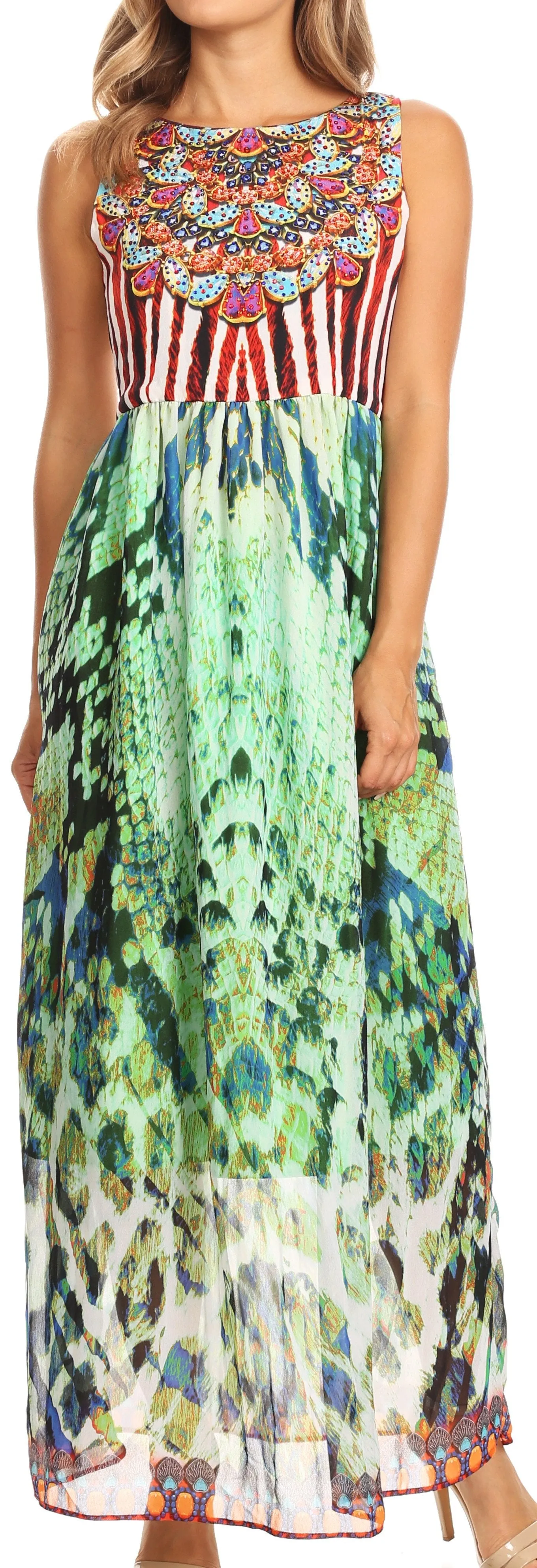 Sakkas Afia Animal Print Empire Waist sleeveless Long Dress with Embellishment