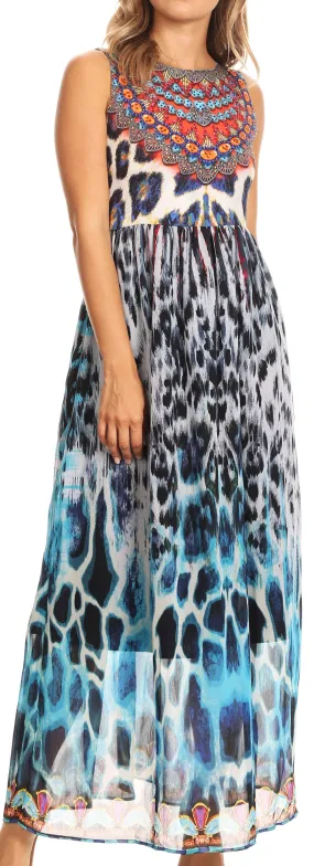 Sakkas Afia Animal Print Empire Waist sleeveless Long Dress with Embellishment