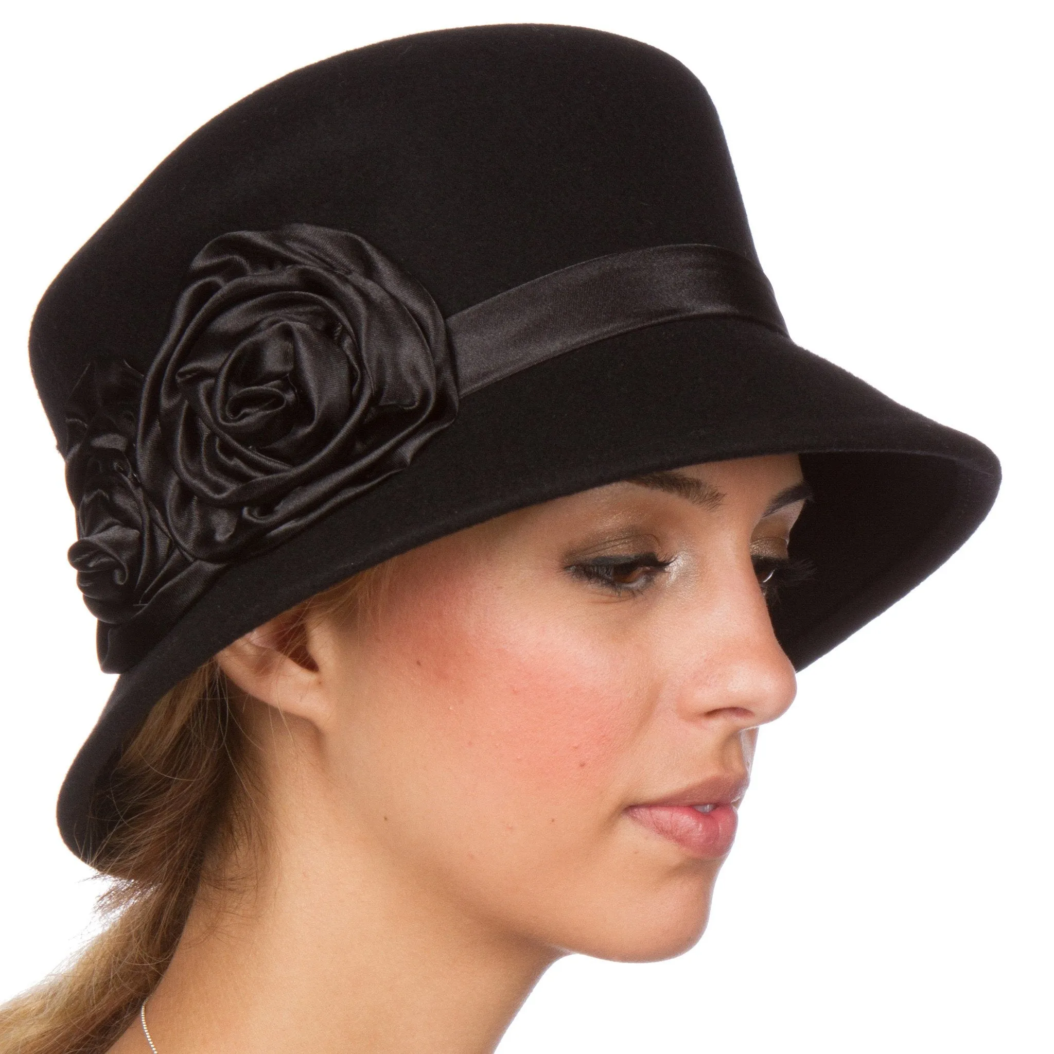 Sakkas Alice Satin Rose Vintage Style Wool Cloche Hat