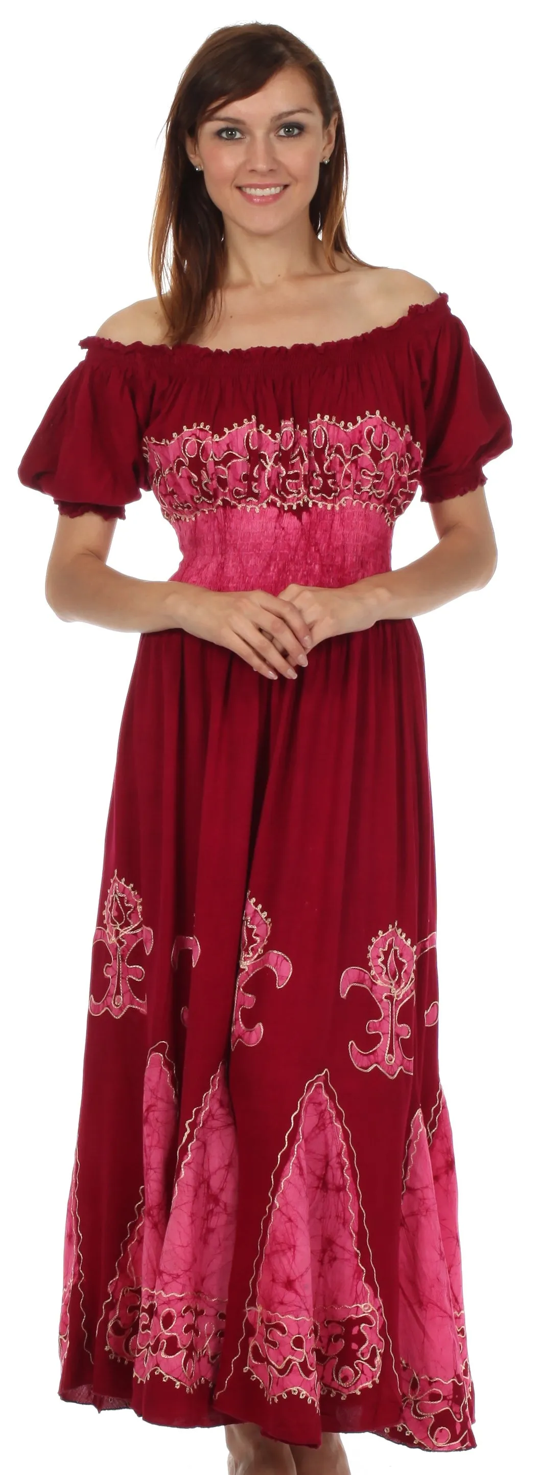 Sakkas Batik Fleur De Lis Embroidered Peasant Dress