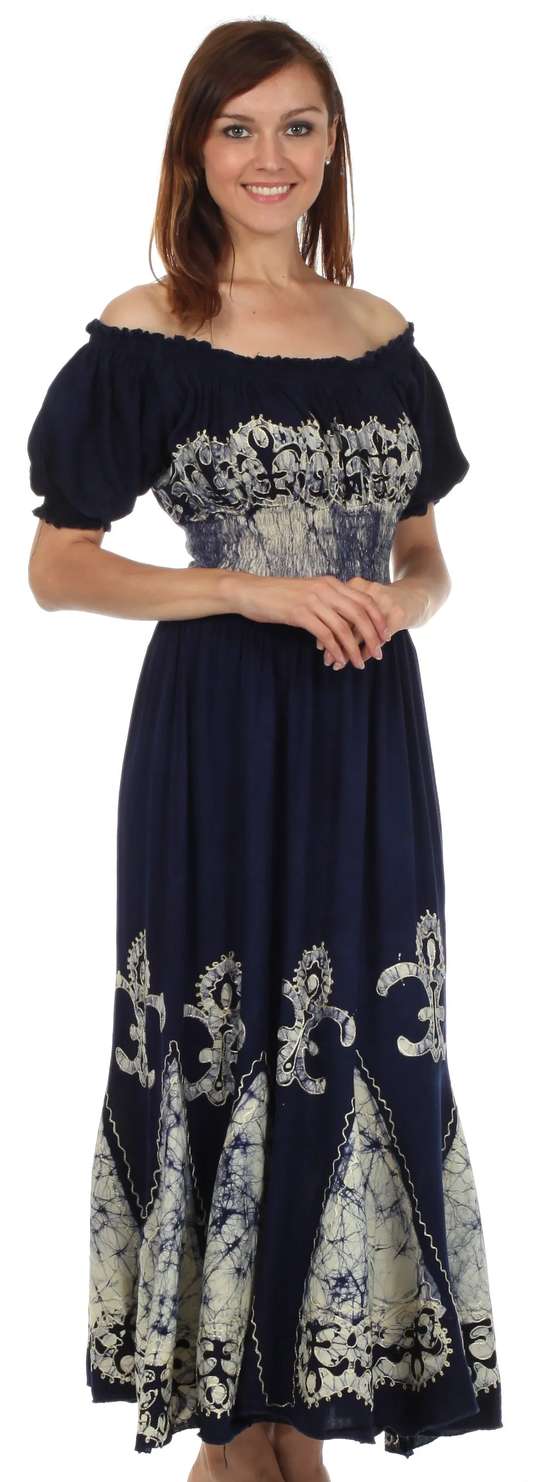 Sakkas Batik Fleur De Lis Embroidered Peasant Dress