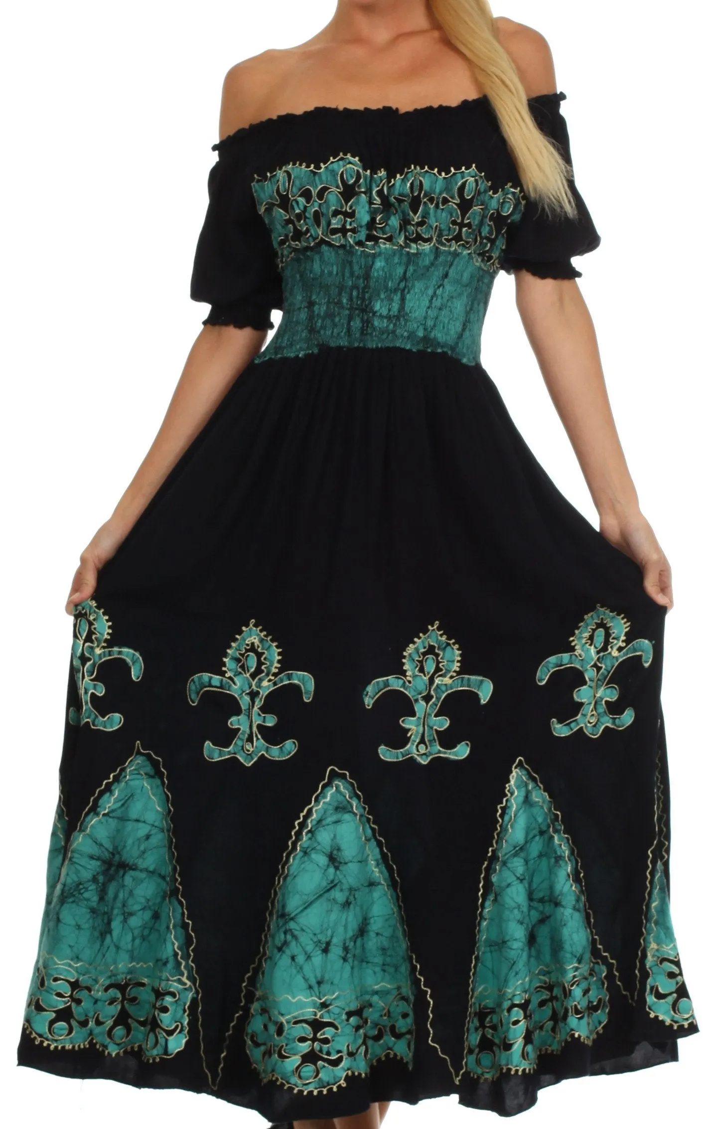 Sakkas Batik Fleur De Lis Embroidered Peasant Dress