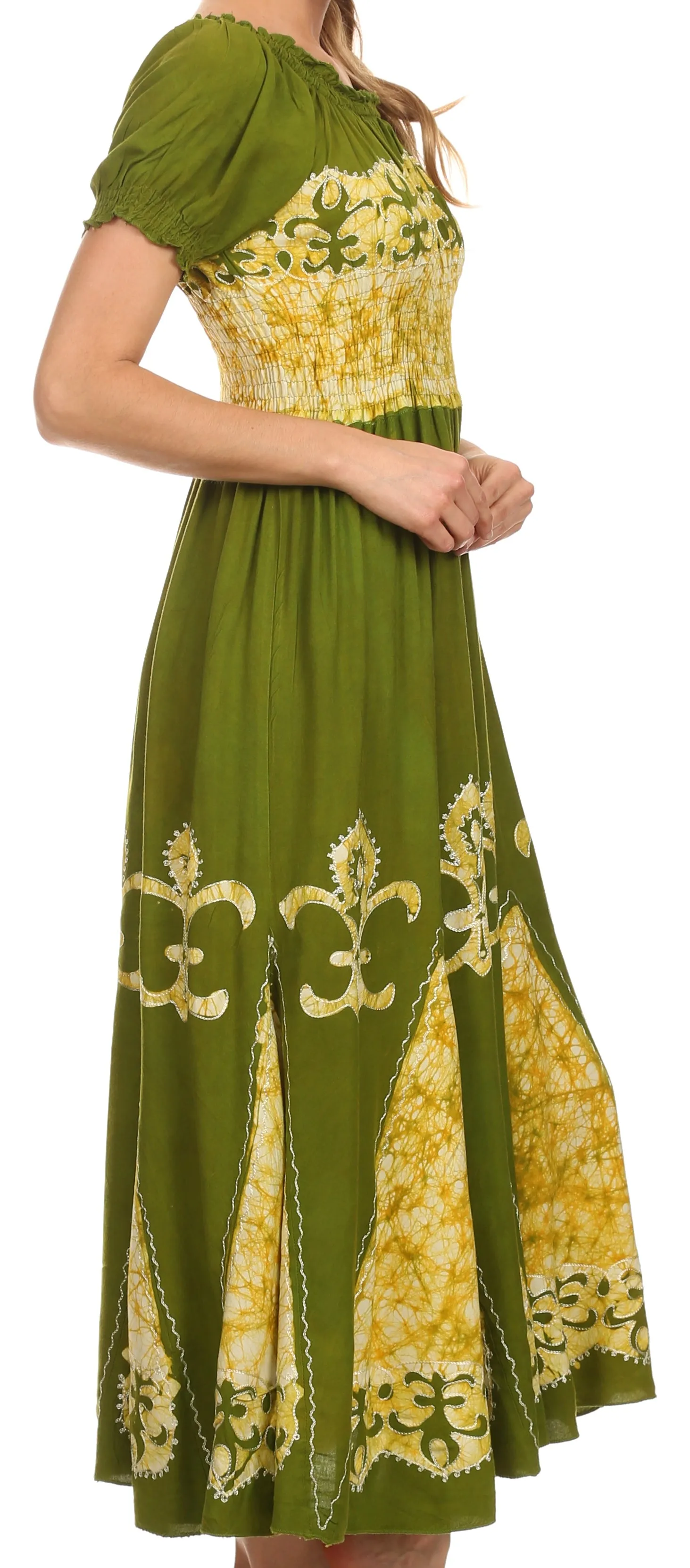 Sakkas Batik Fleur De Lis Embroidered Peasant Dress