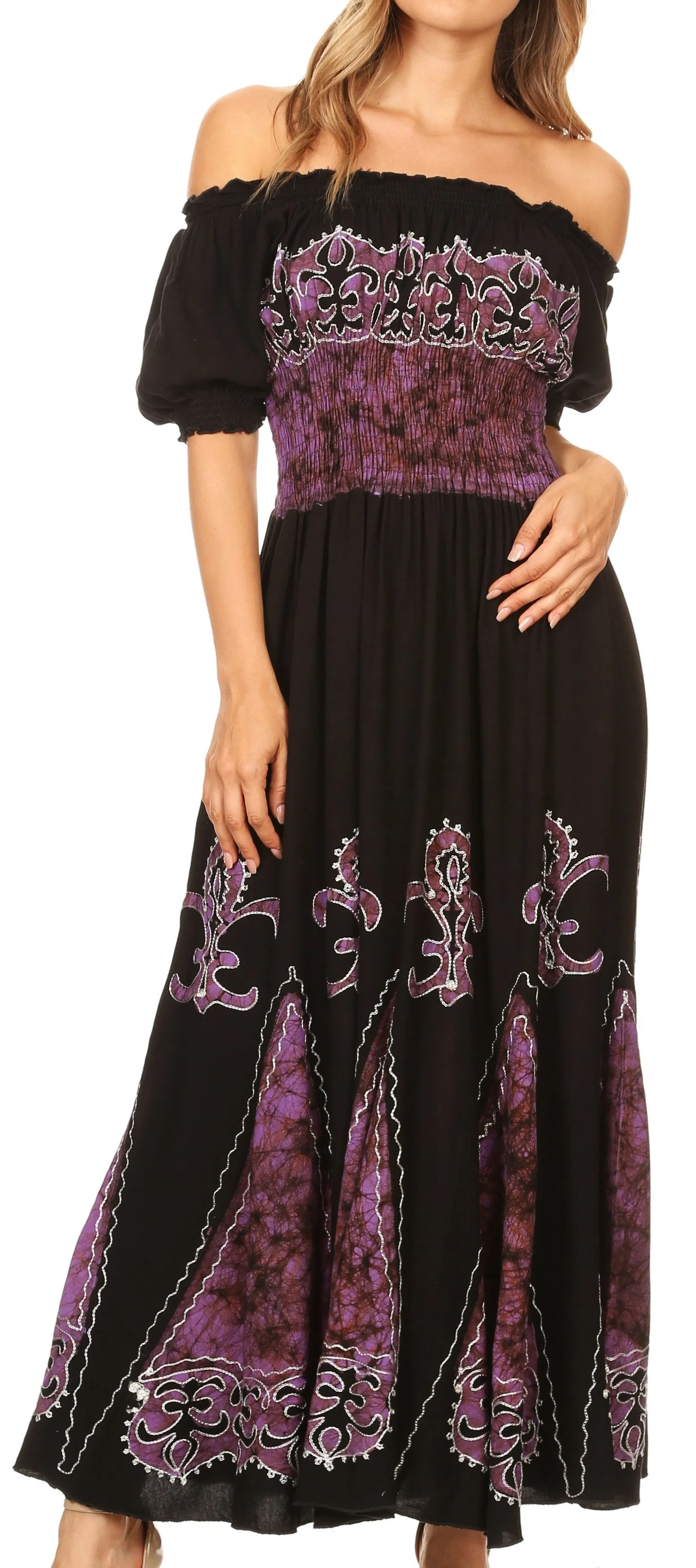 Sakkas Batik Fleur De Lis Embroidered Peasant Dress