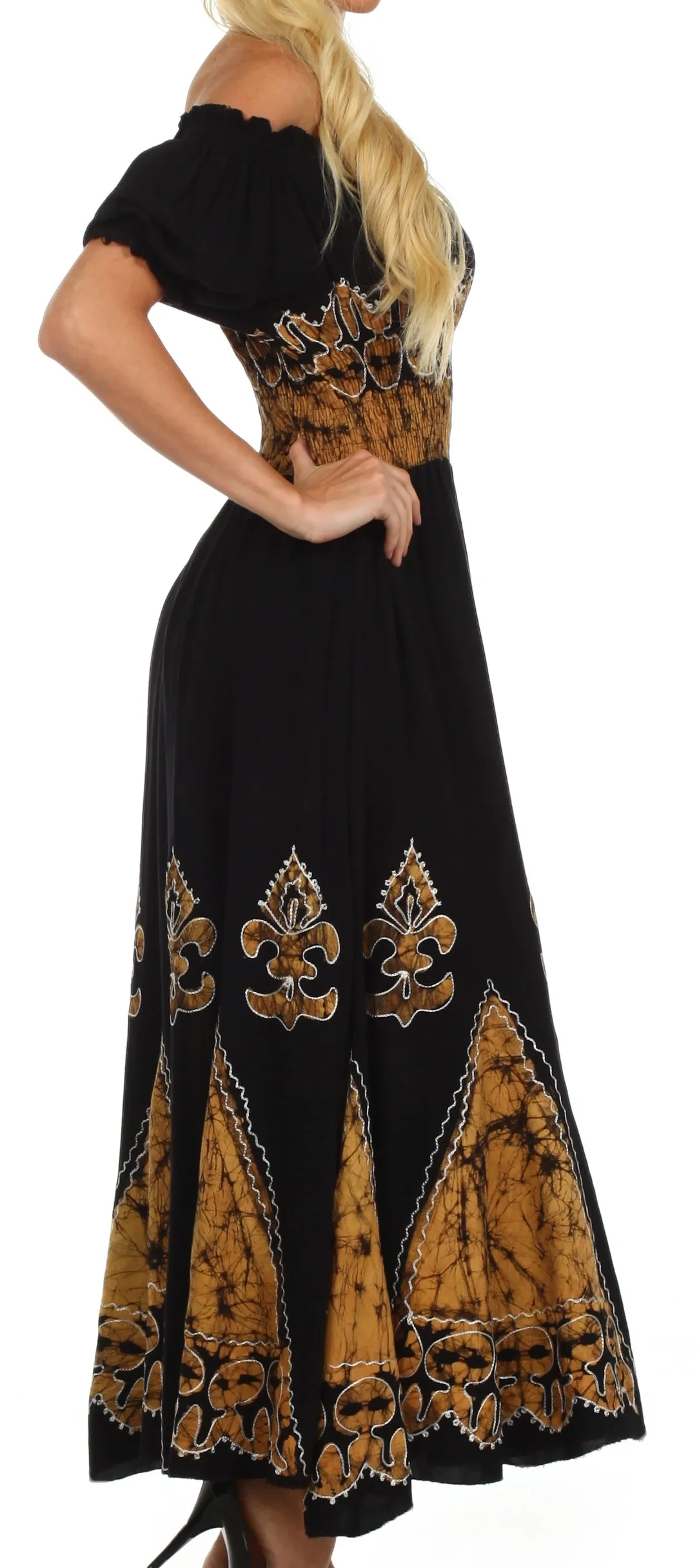 Sakkas Batik Fleur De Lis Embroidered Peasant Dress