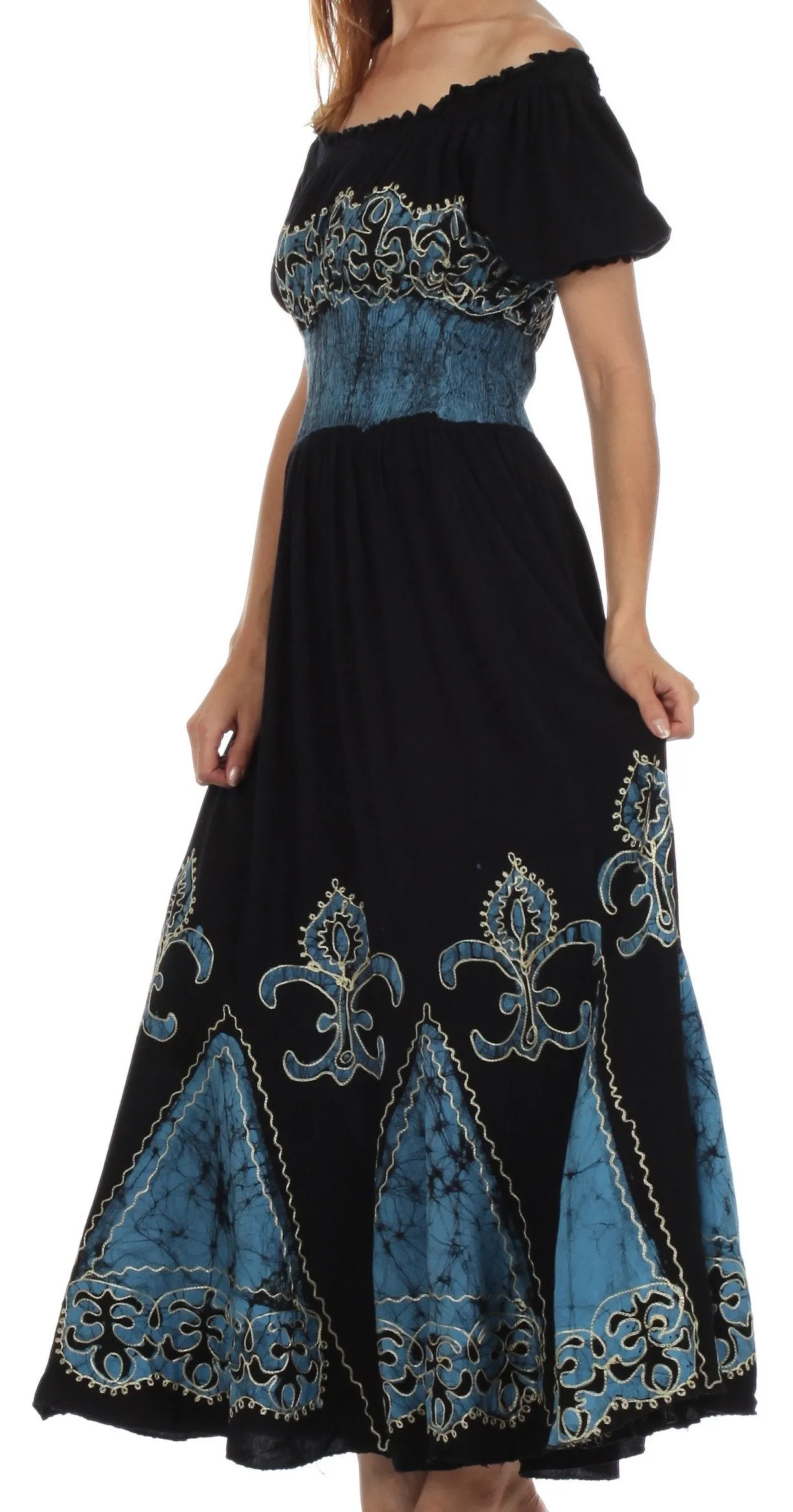 Sakkas Batik Fleur De Lis Embroidered Peasant Dress