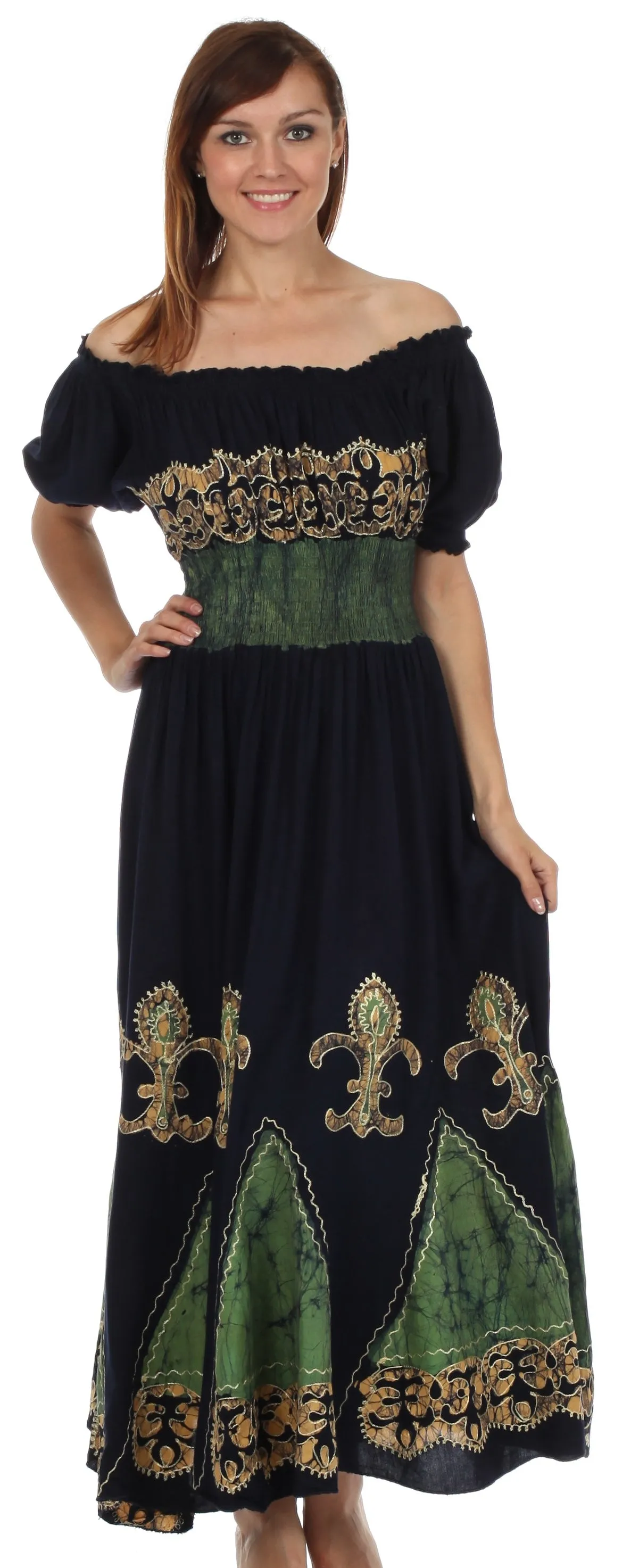 Sakkas Batik Fleur De Lis Embroidered Peasant Dress