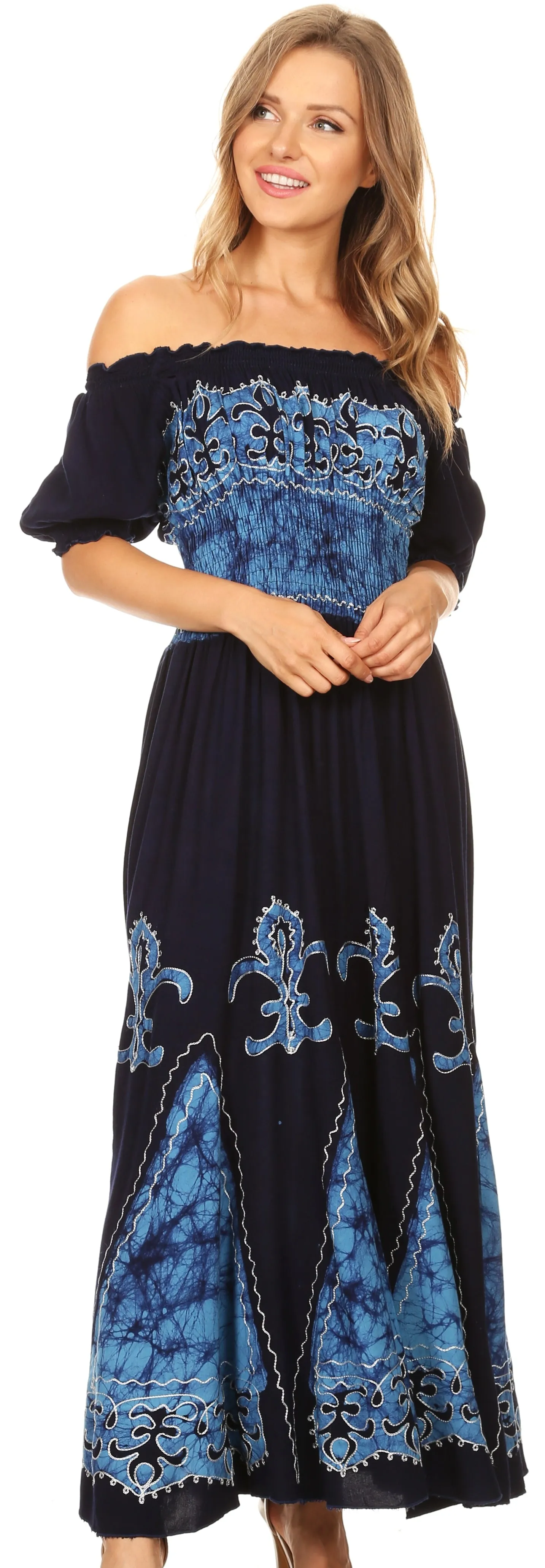 Sakkas Batik Fleur De Lis Embroidered Peasant Dress