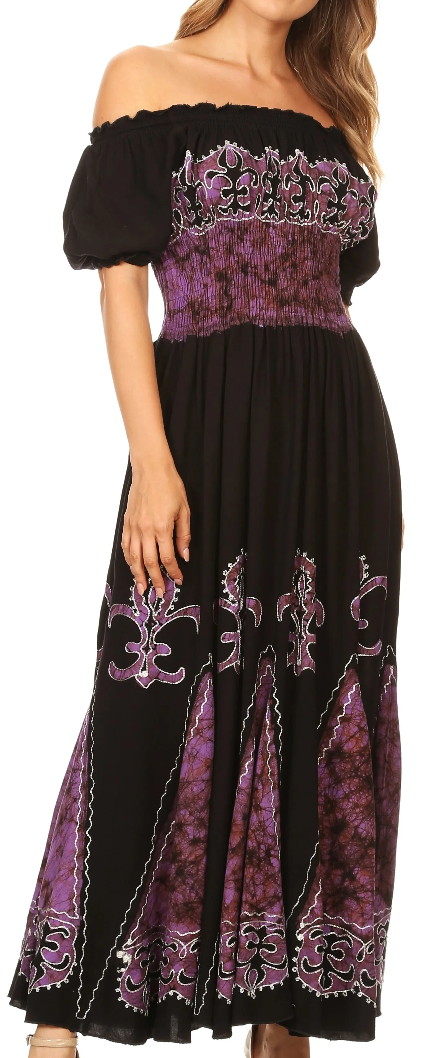 Sakkas Batik Fleur De Lis Embroidered Peasant Dress