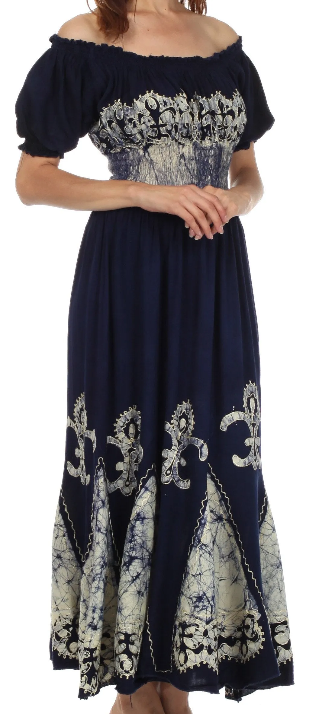 Sakkas Batik Fleur De Lis Embroidered Peasant Dress