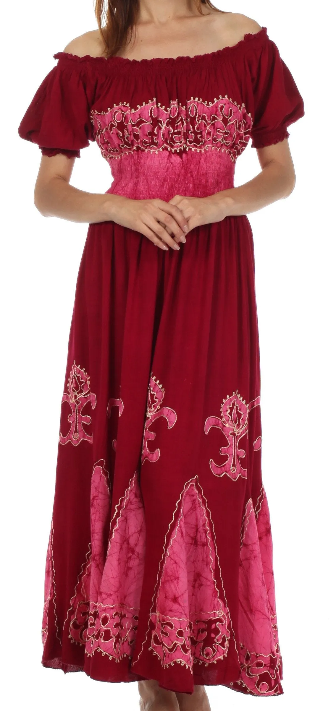 Sakkas Batik Fleur De Lis Embroidered Peasant Dress