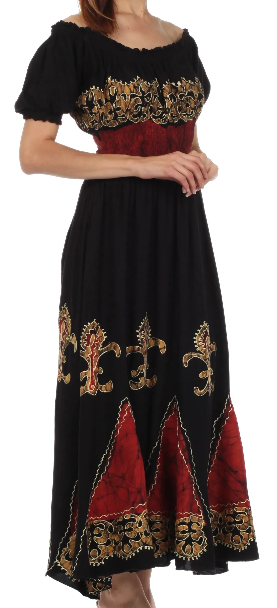 Sakkas Batik Fleur De Lis Embroidered Peasant Dress