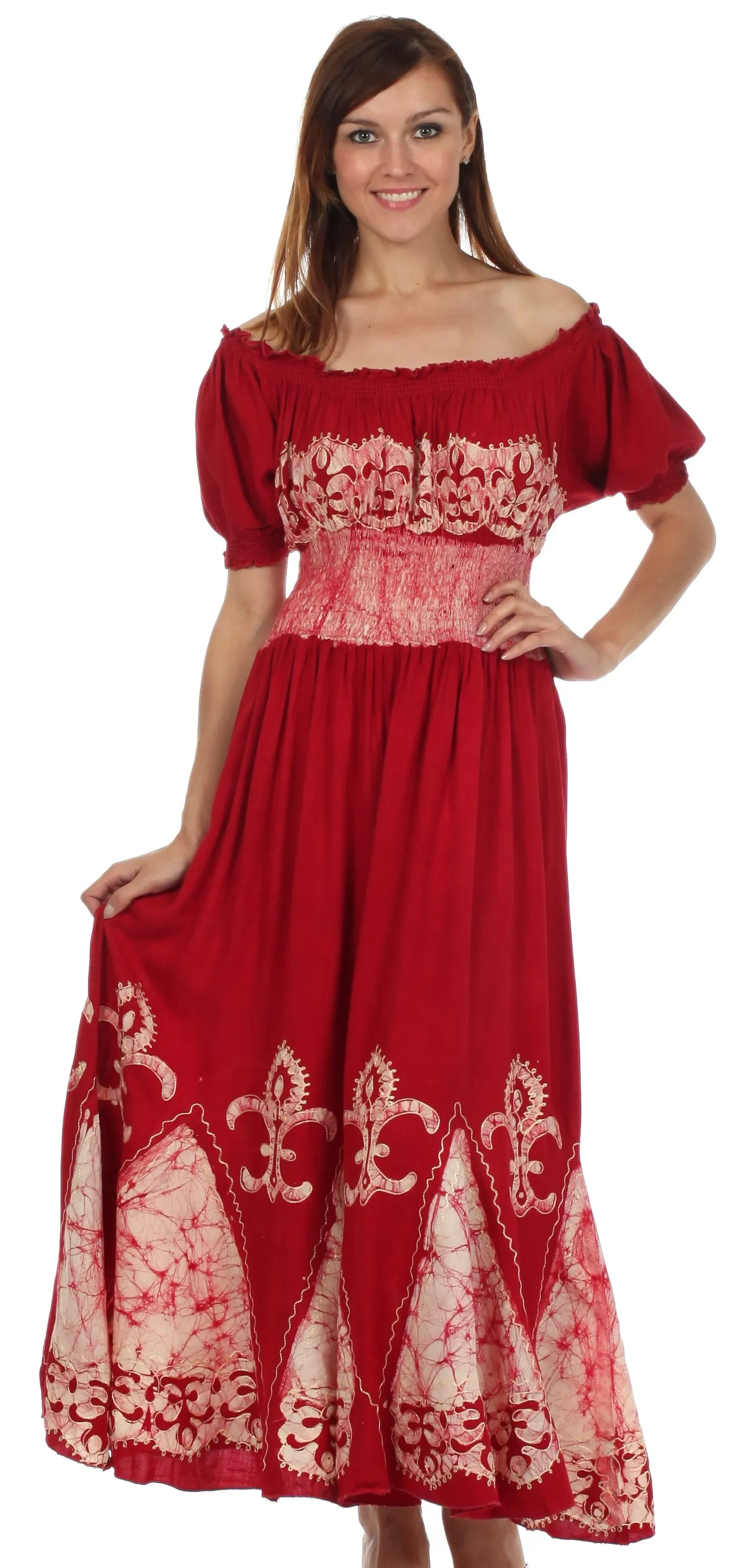 Sakkas Batik Fleur De Lis Embroidered Peasant Dress