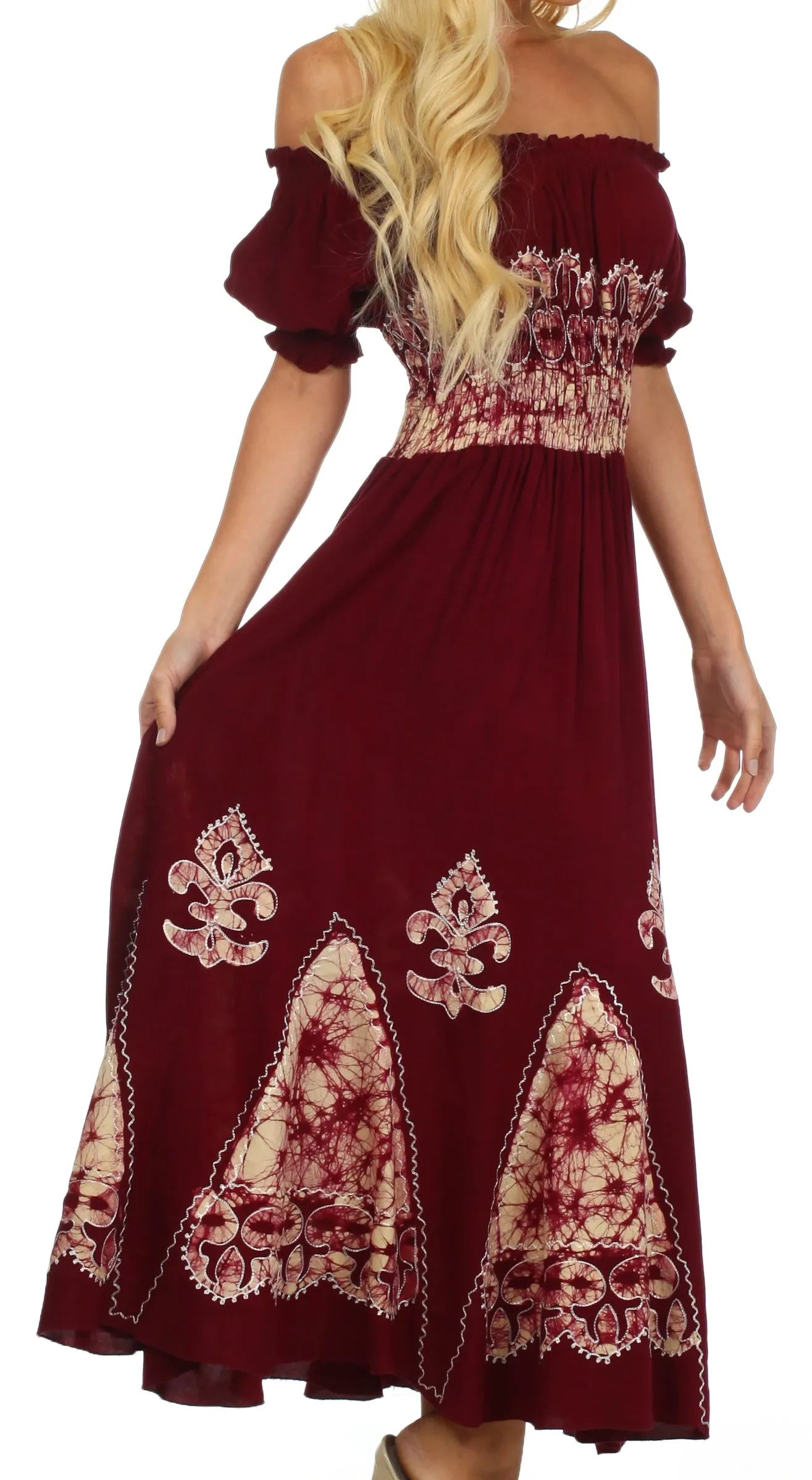 Sakkas Batik Fleur De Lis Embroidered Peasant Dress