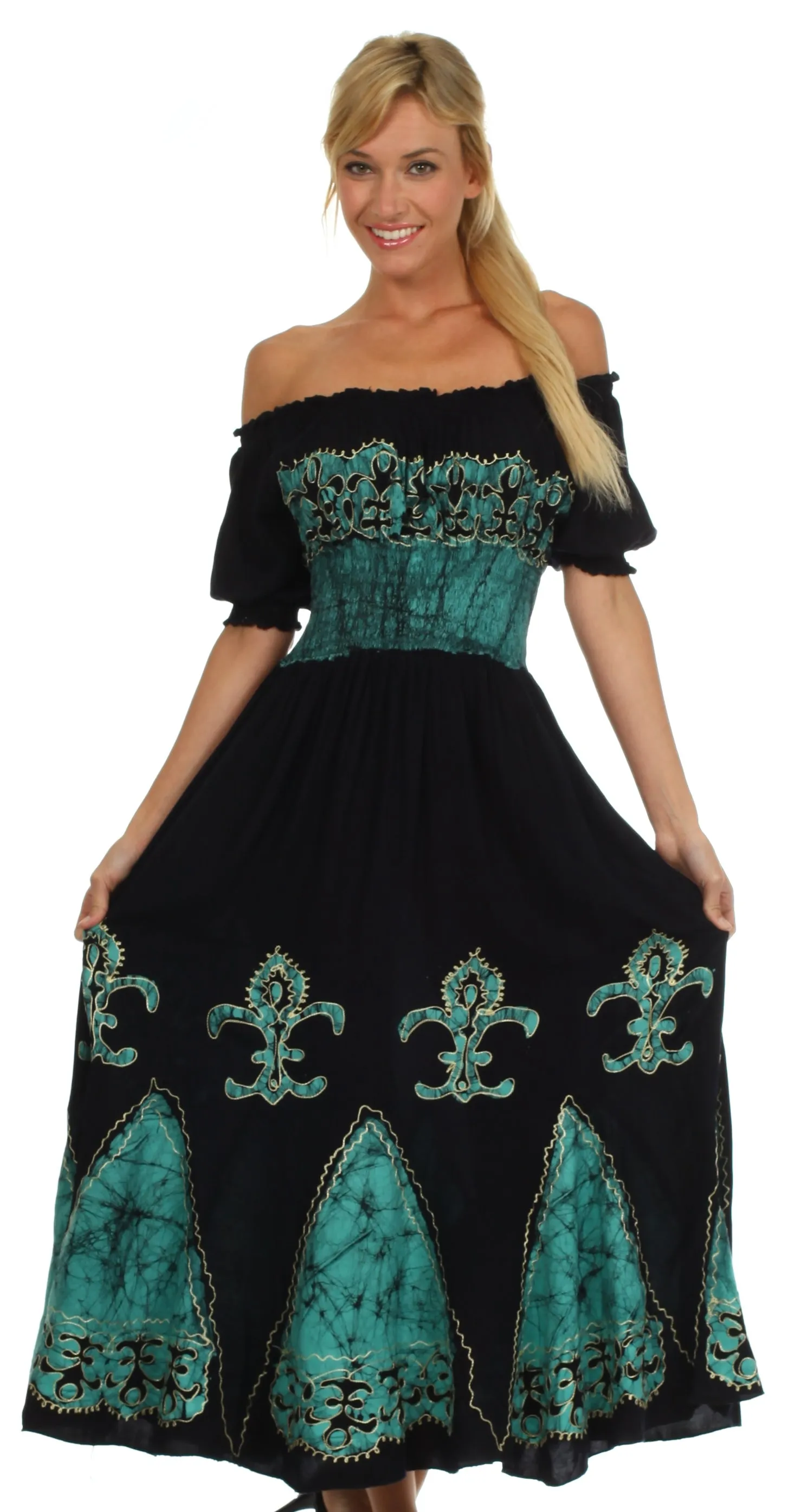 Sakkas Batik Fleur De Lis Embroidered Peasant Dress