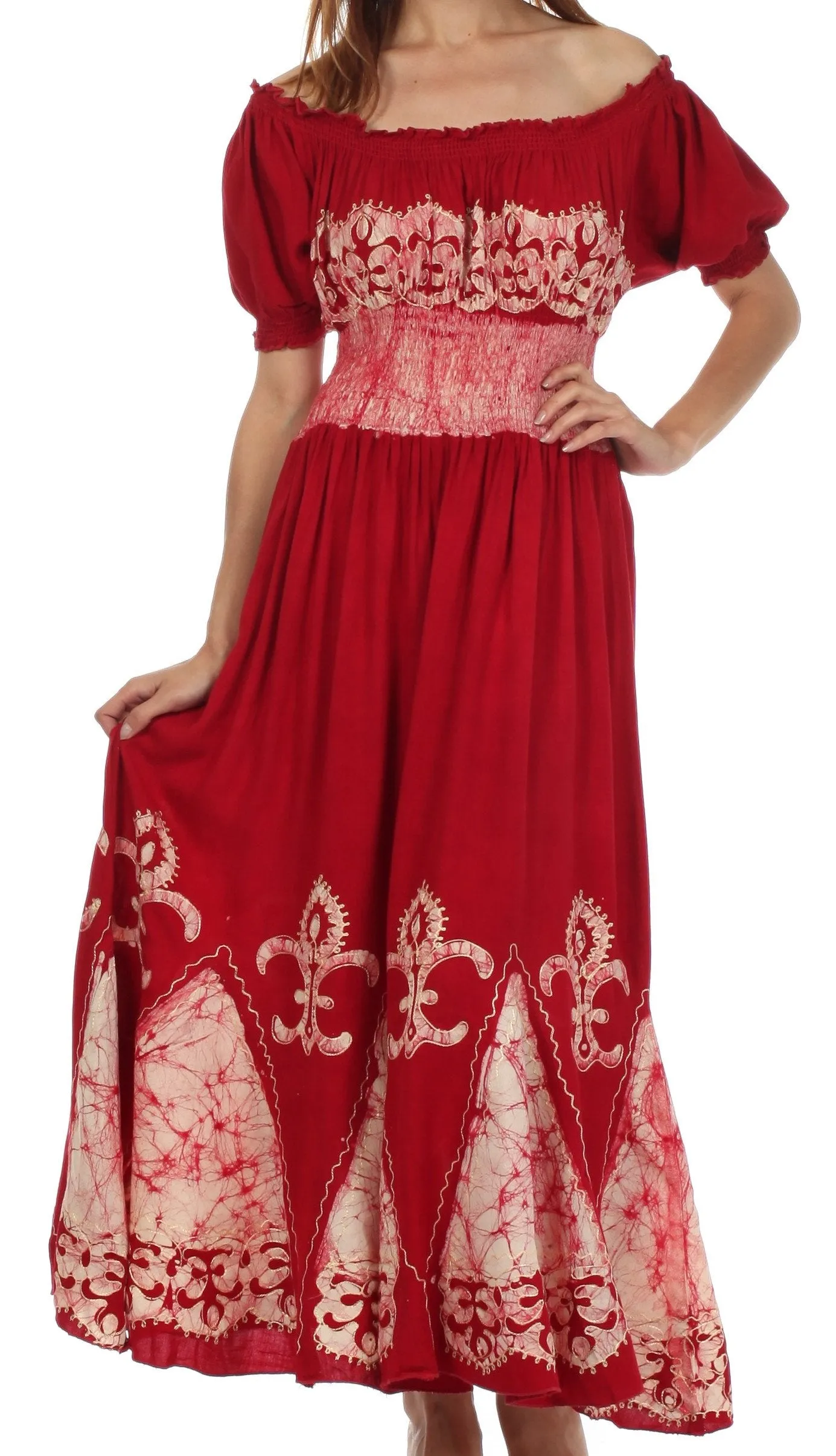 Sakkas Batik Fleur De Lis Embroidered Peasant Dress