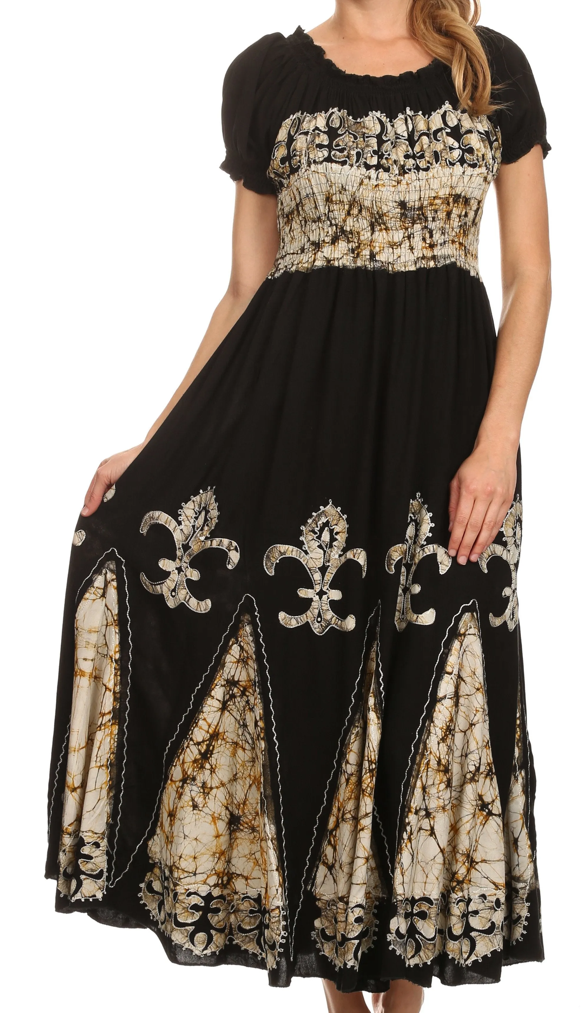 Sakkas Batik Fleur De Lis Embroidered Peasant Dress