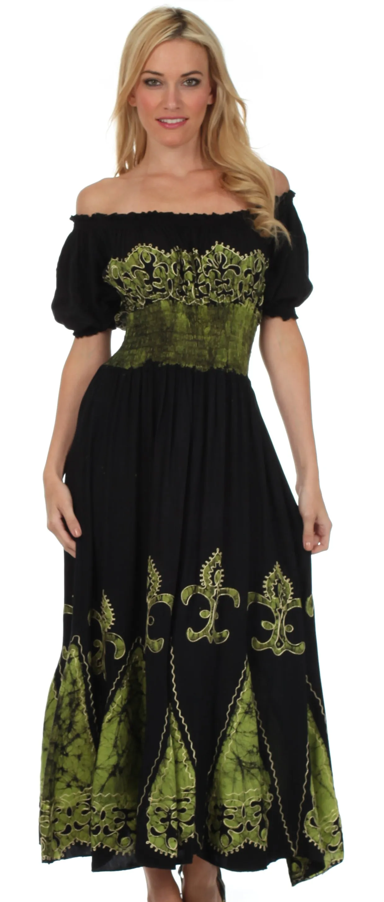 Sakkas Batik Fleur De Lis Embroidered Peasant Dress