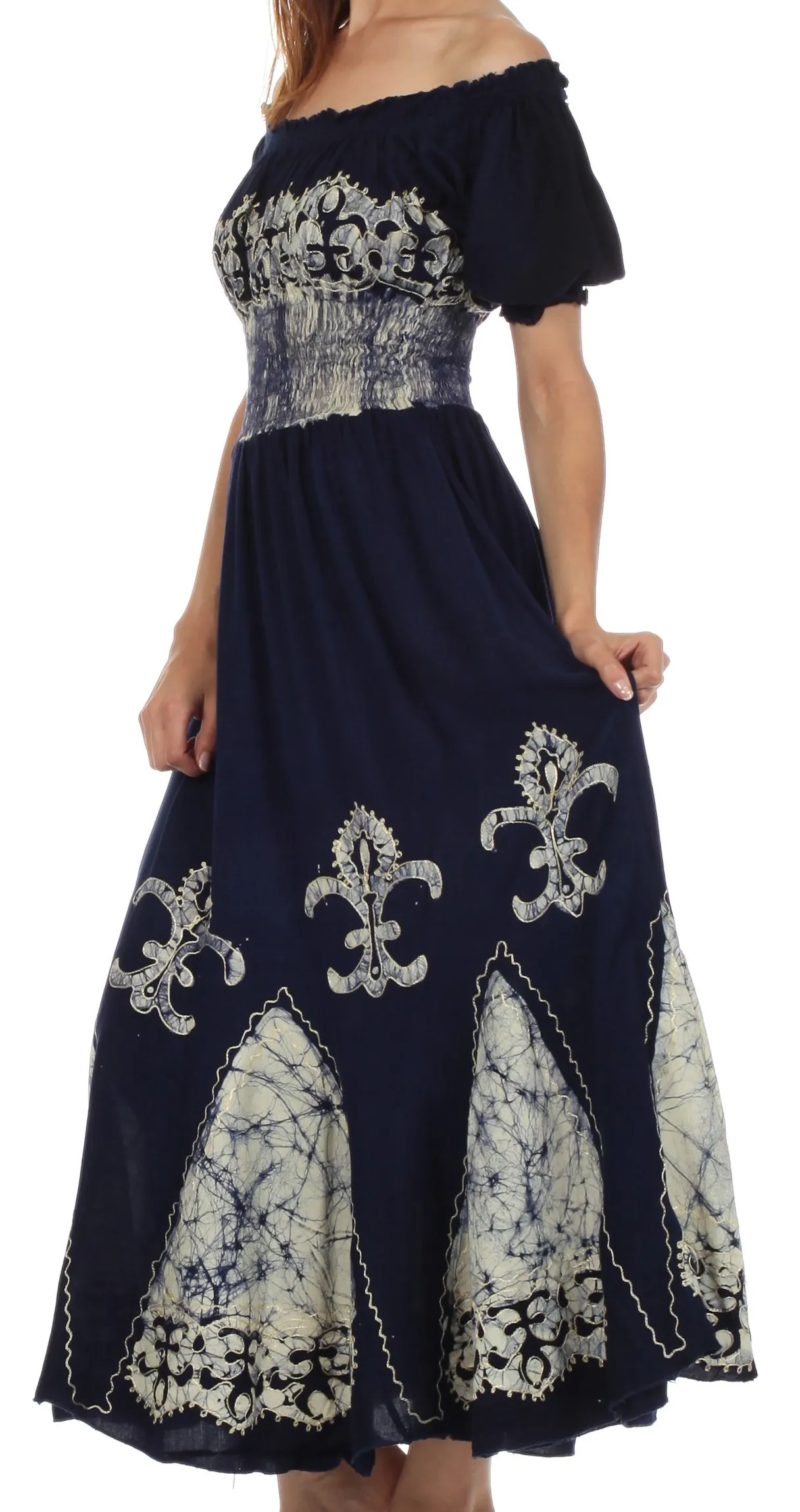 Sakkas Batik Fleur De Lis Embroidered Peasant Dress