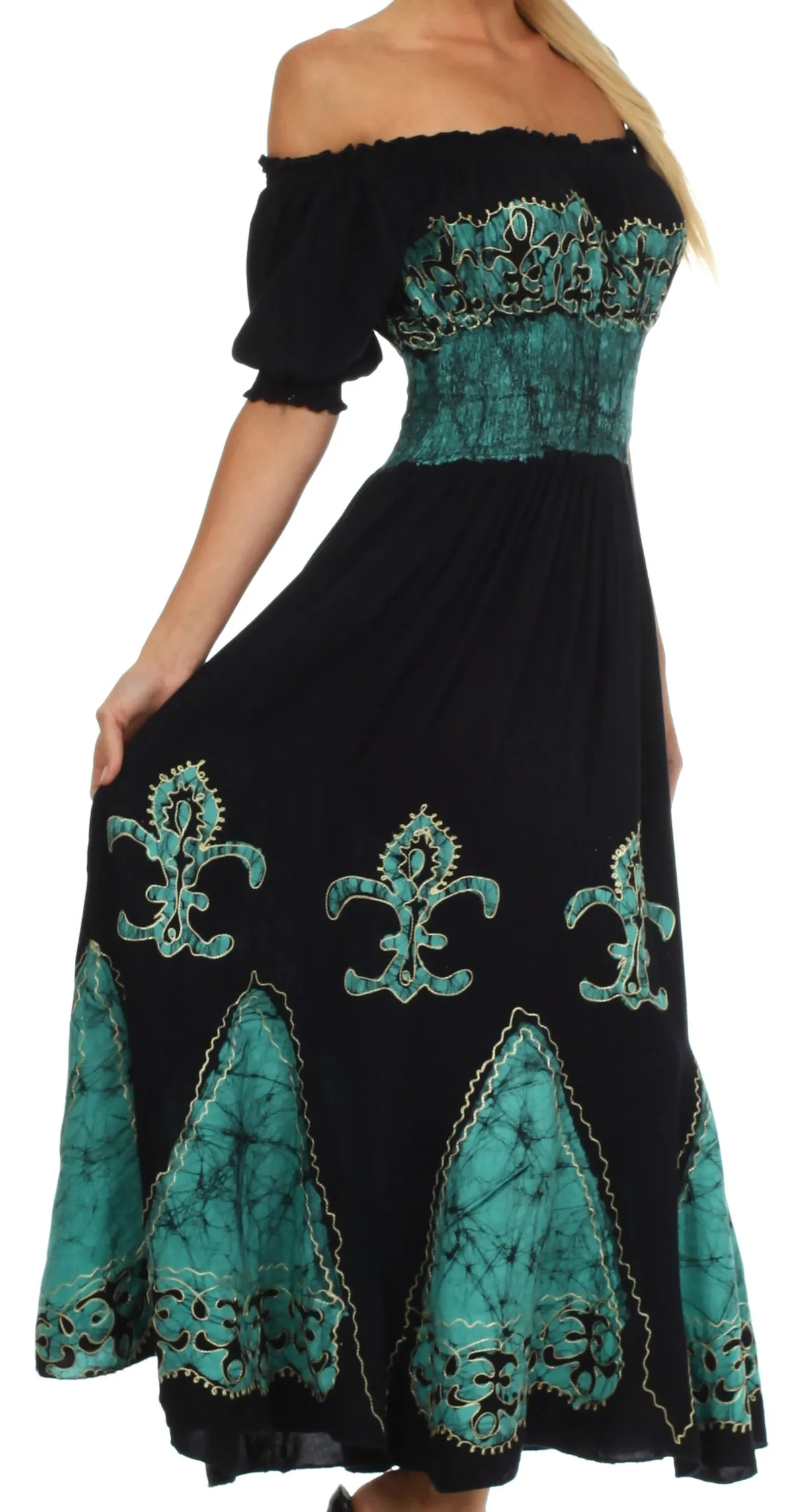 Sakkas Batik Fleur De Lis Embroidered Peasant Dress