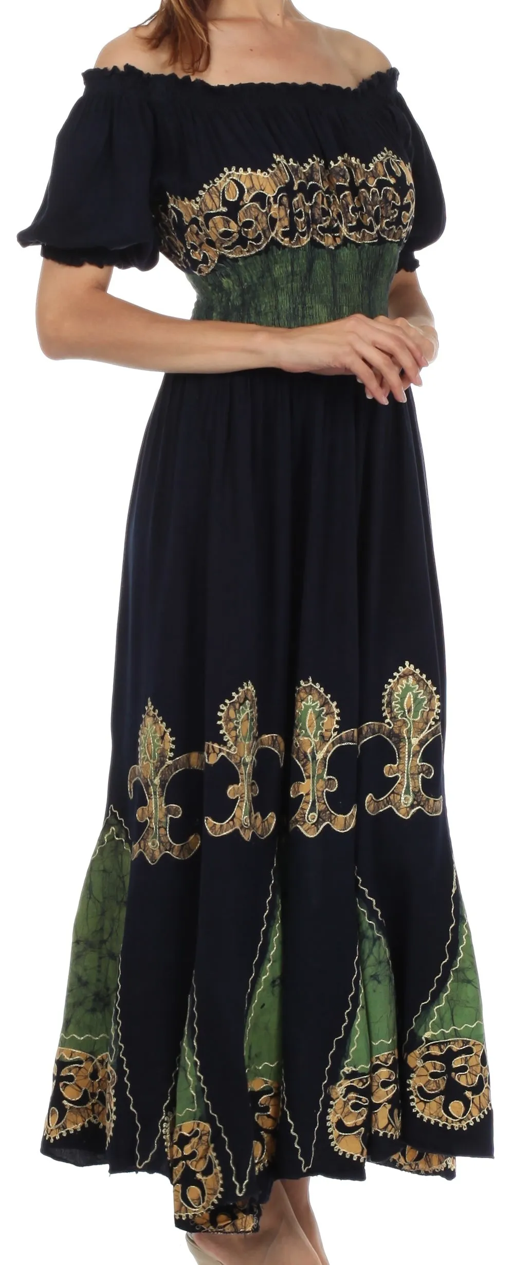 Sakkas Batik Fleur De Lis Embroidered Peasant Dress