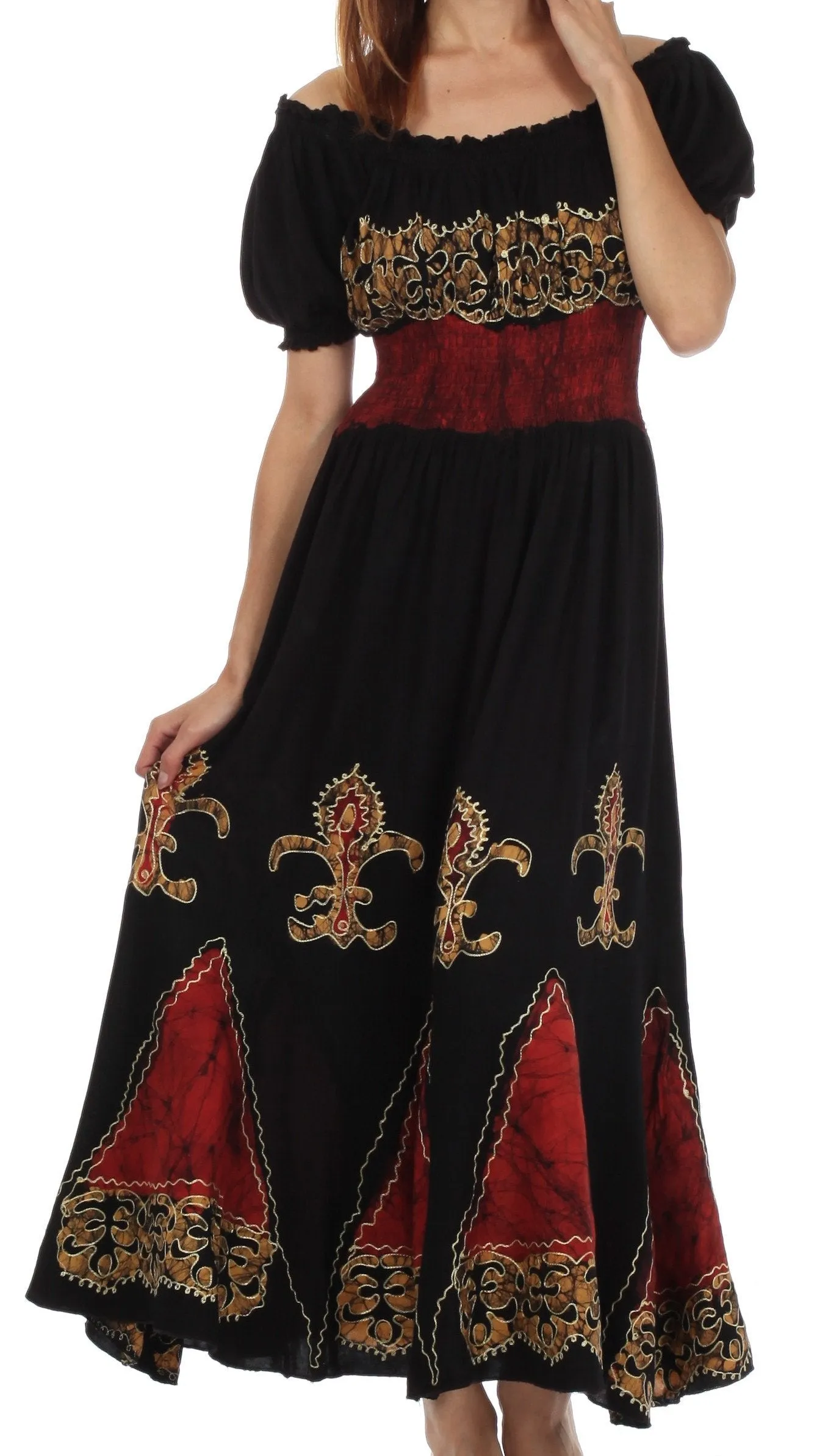 Sakkas Batik Fleur De Lis Embroidered Peasant Dress