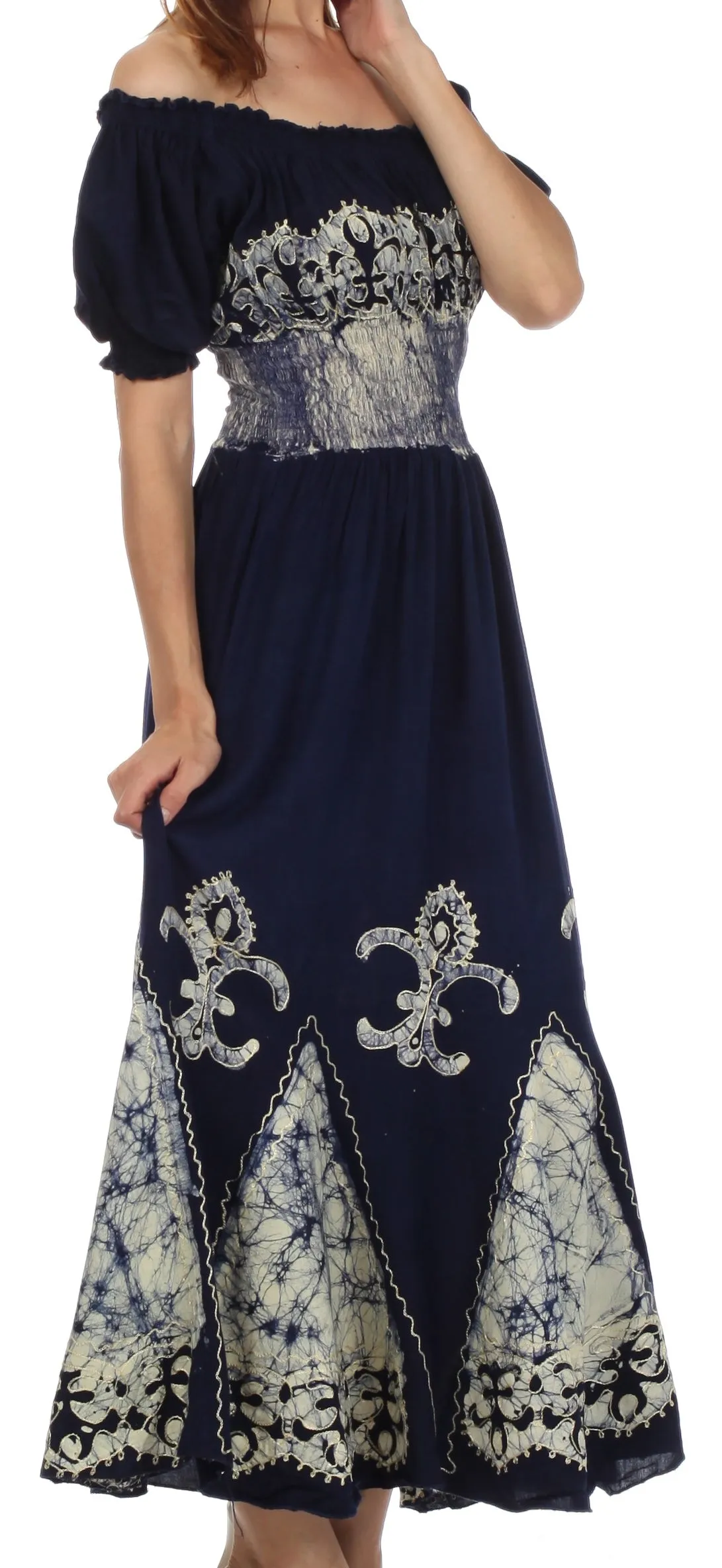 Sakkas Batik Fleur De Lis Embroidered Peasant Dress