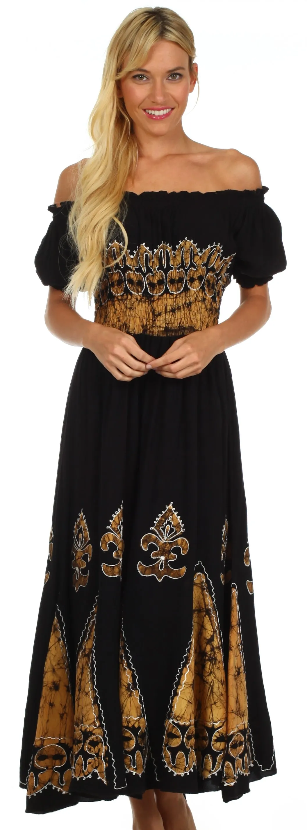 Sakkas Batik Fleur De Lis Embroidered Peasant Dress