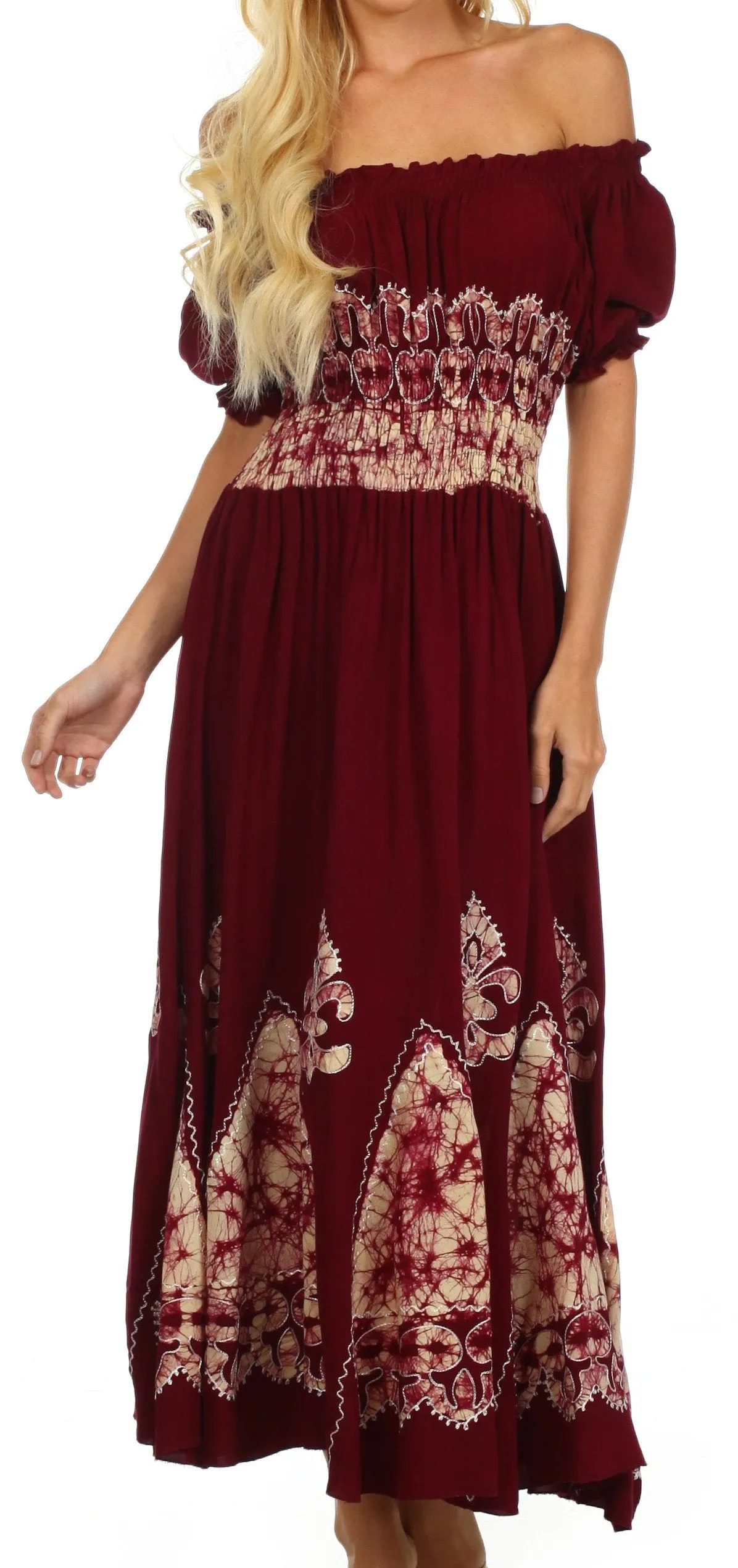 Sakkas Batik Fleur De Lis Embroidered Peasant Dress