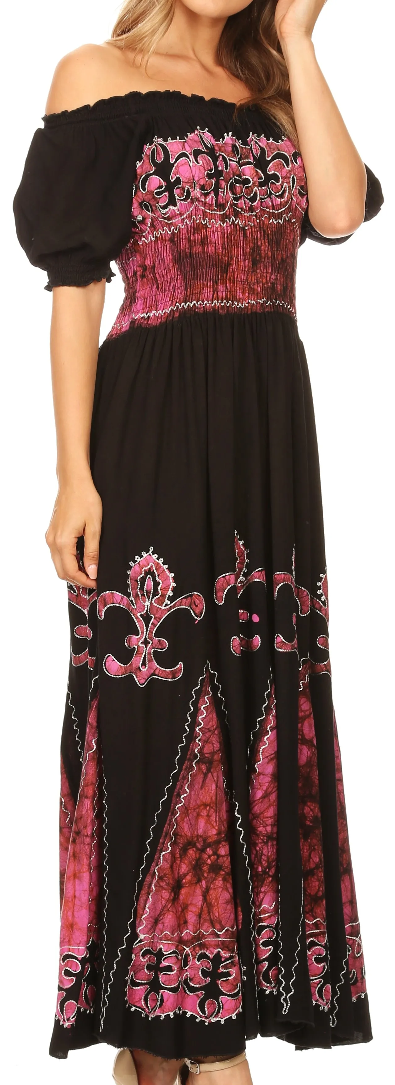 Sakkas Batik Fleur De Lis Embroidered Peasant Dress