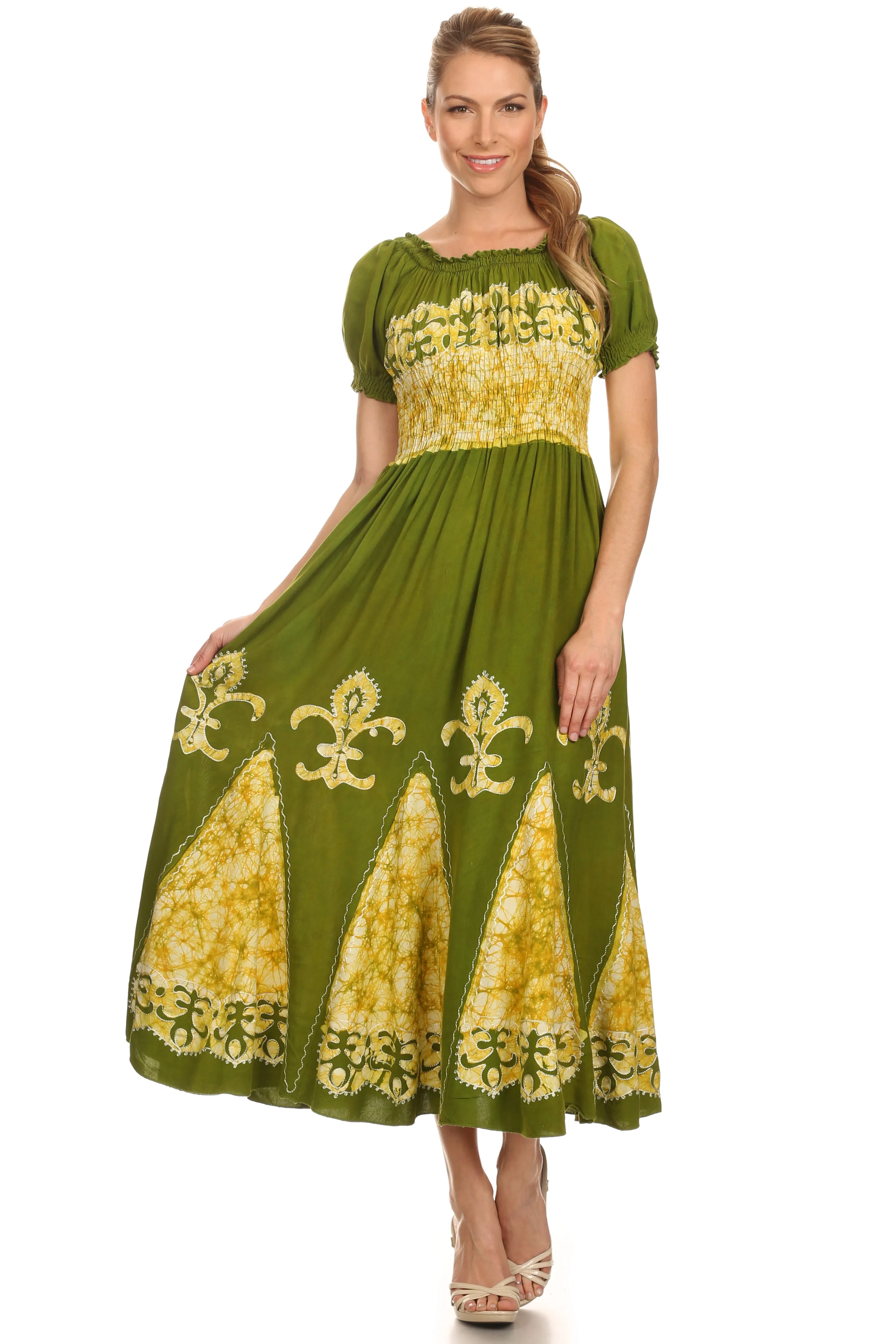 Sakkas Batik Fleur De Lis Embroidered Peasant Dress