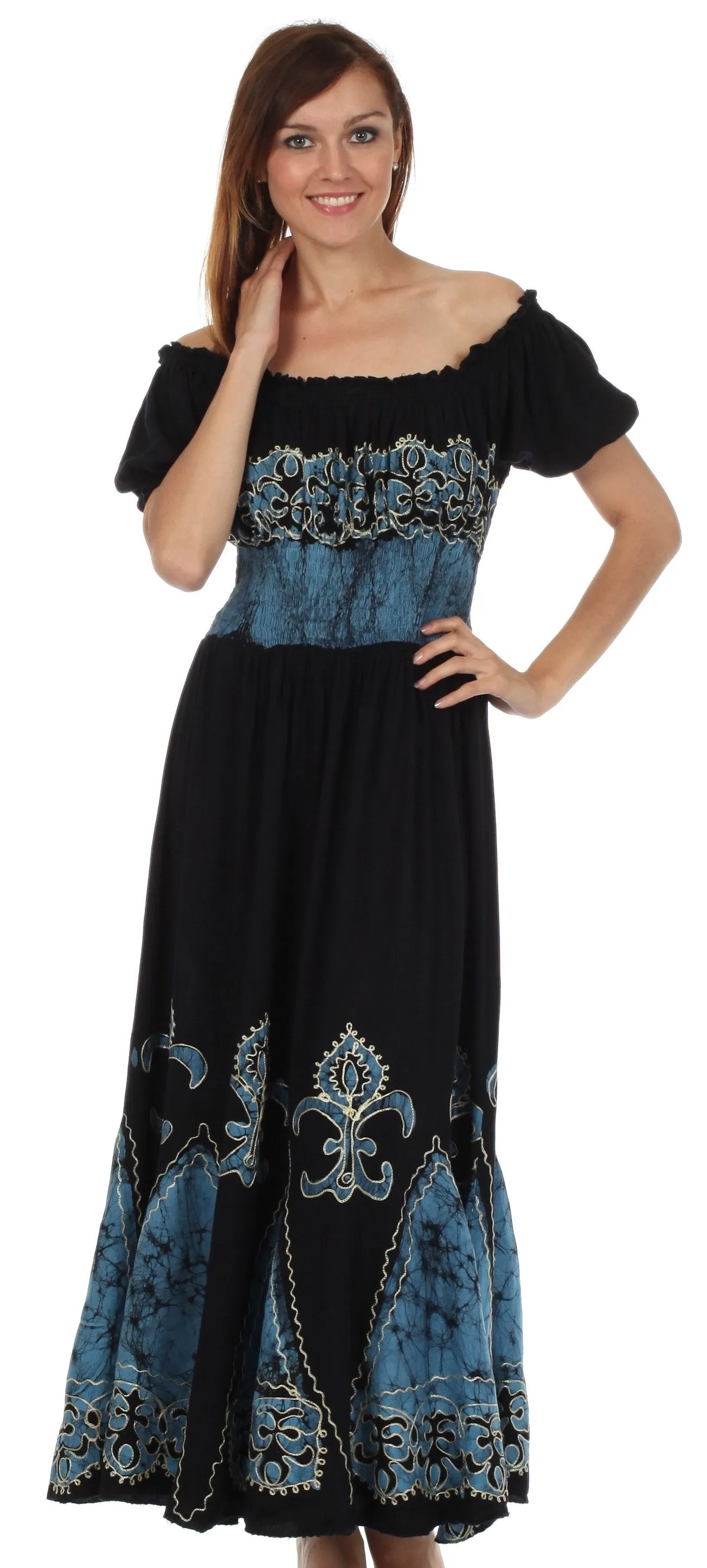 Sakkas Batik Fleur De Lis Embroidered Peasant Dress