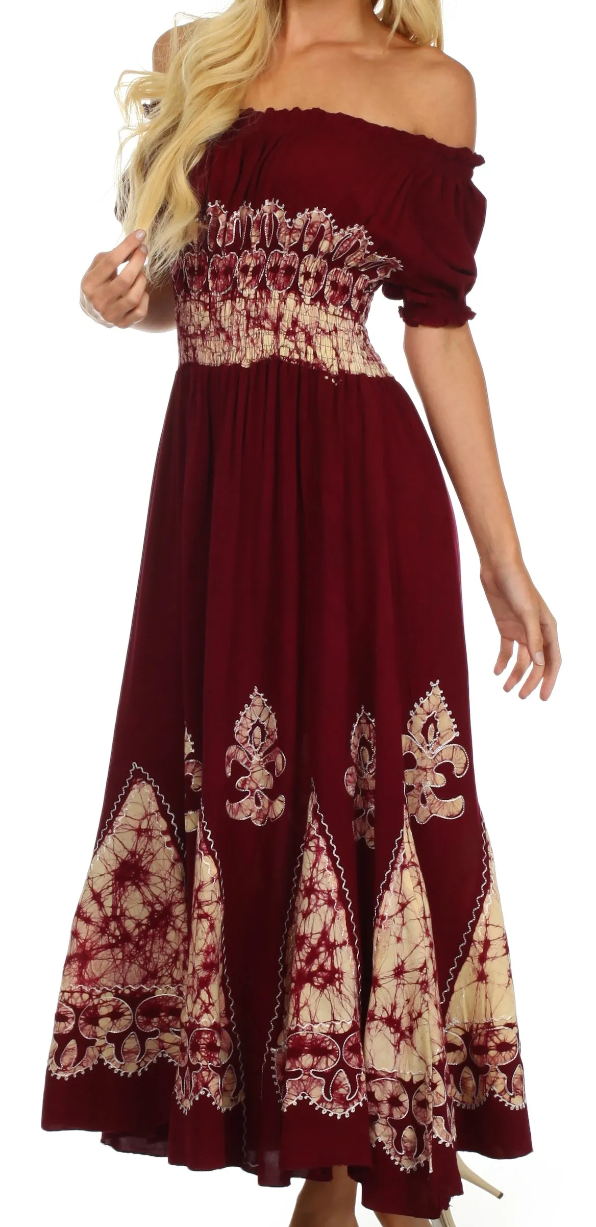 Sakkas Batik Fleur De Lis Embroidered Peasant Dress