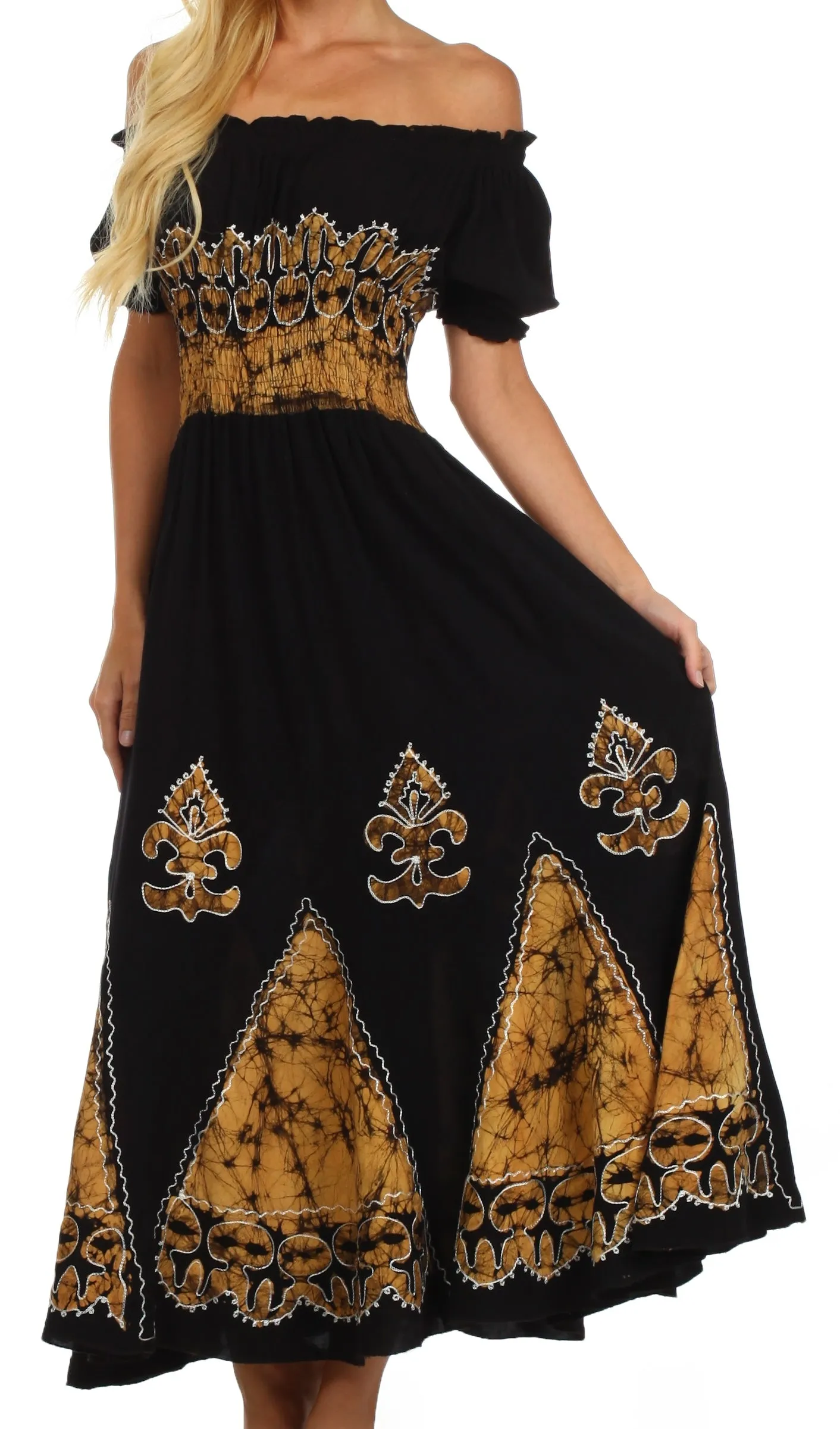 Sakkas Batik Fleur De Lis Embroidered Peasant Dress