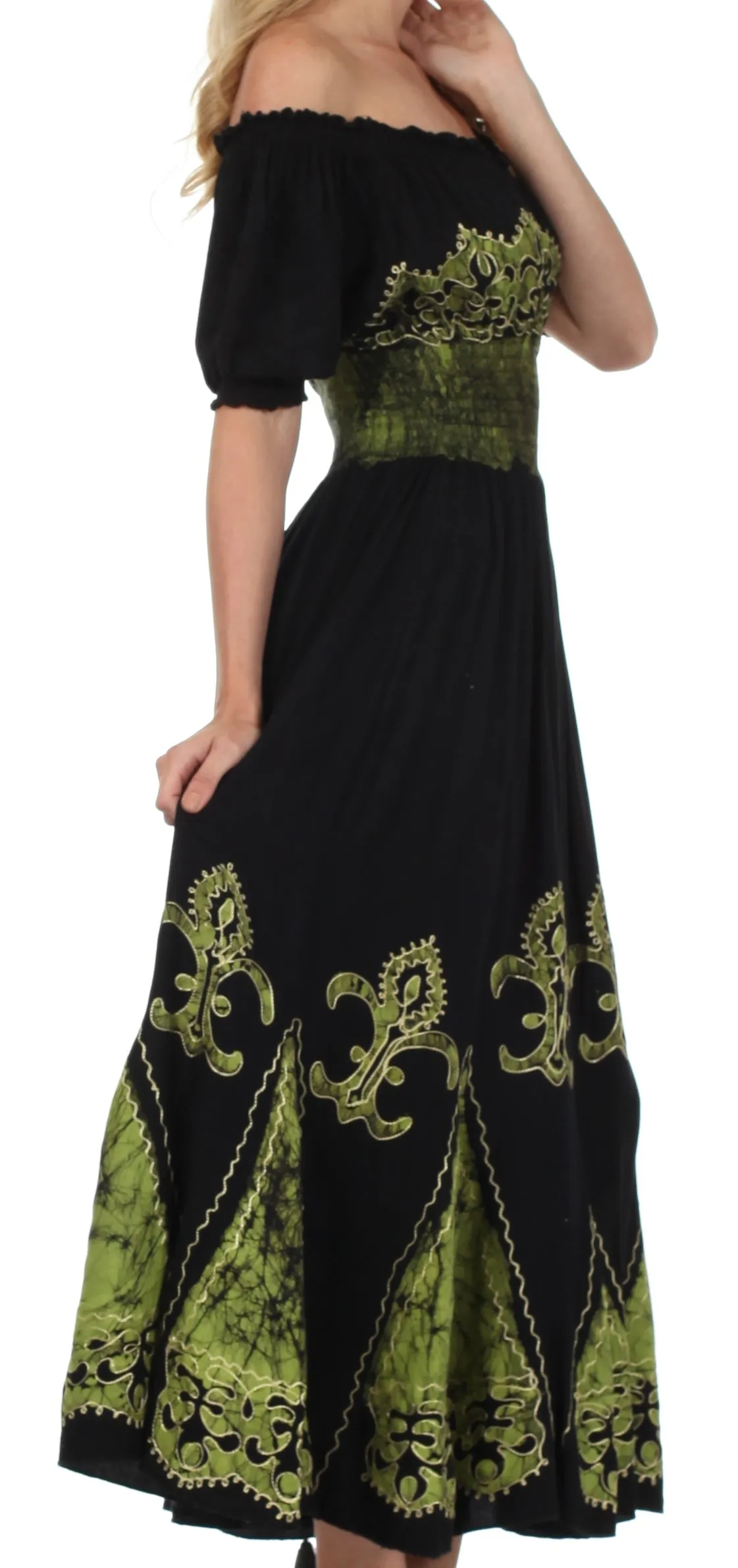 Sakkas Batik Fleur De Lis Embroidered Peasant Dress