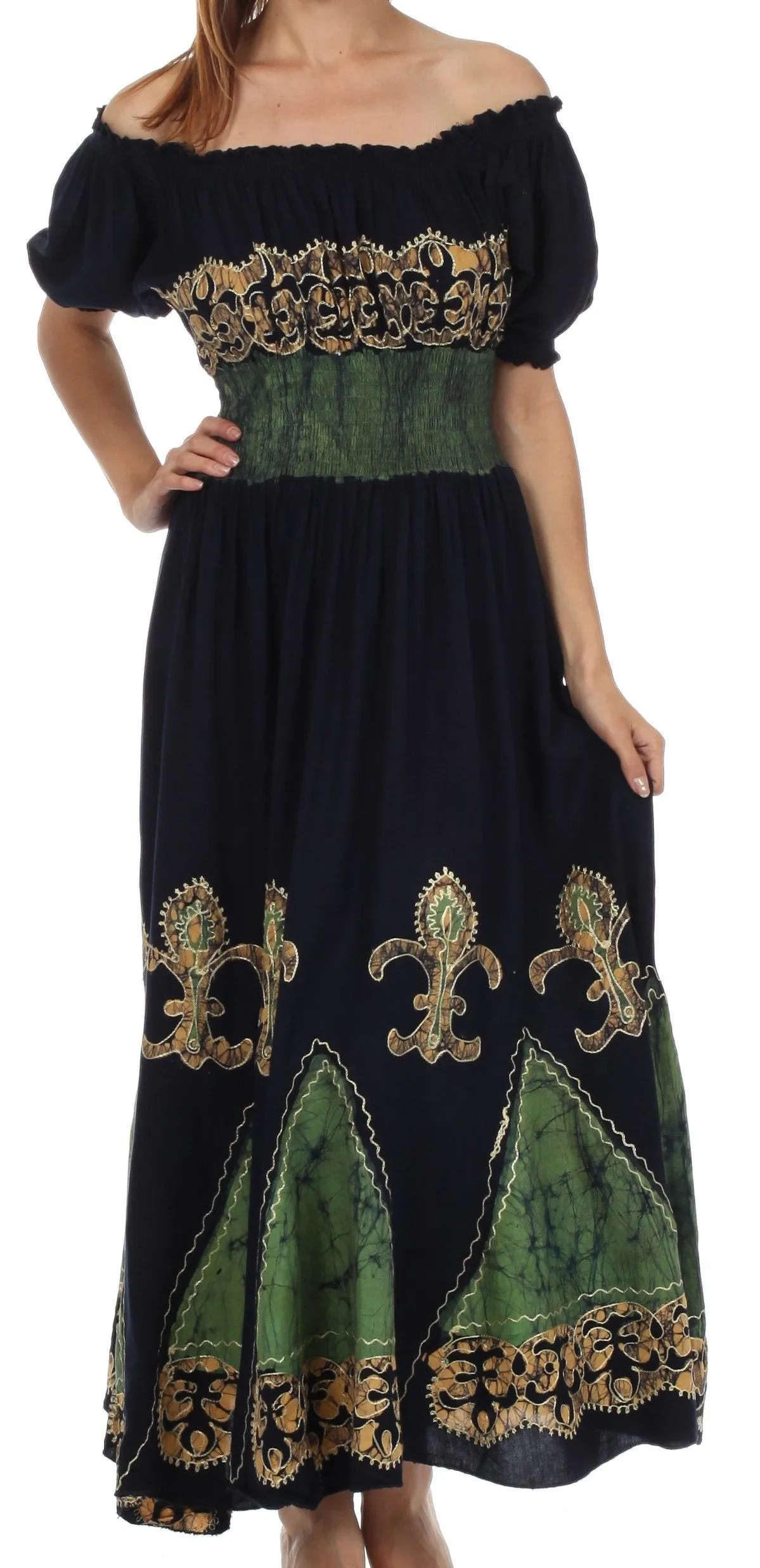 Sakkas Batik Fleur De Lis Embroidered Peasant Dress