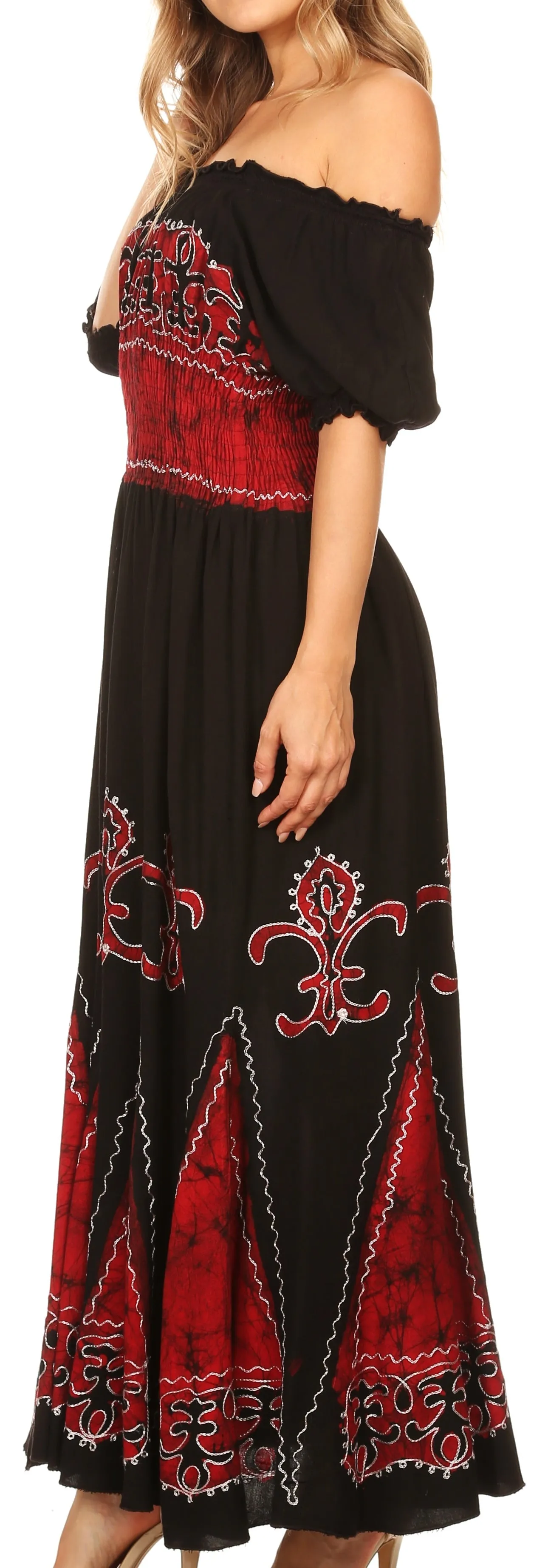 Sakkas Batik Fleur De Lis Embroidered Peasant Dress