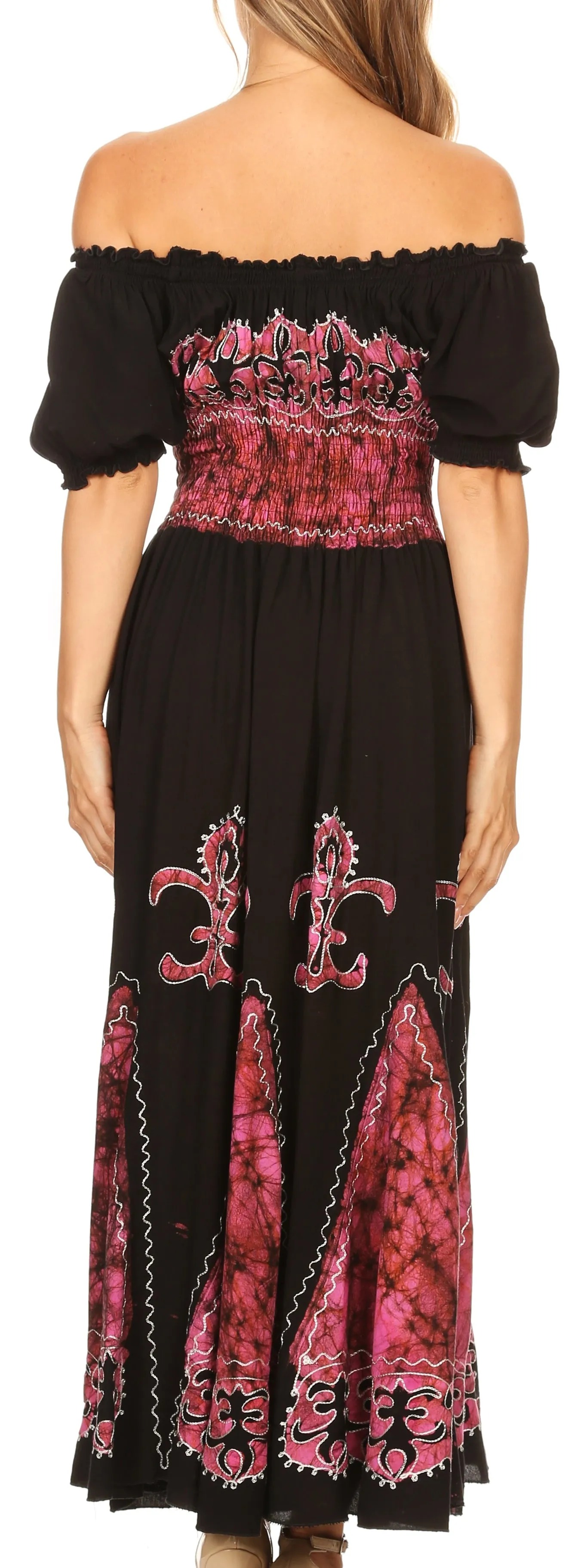 Sakkas Batik Fleur De Lis Embroidered Peasant Dress