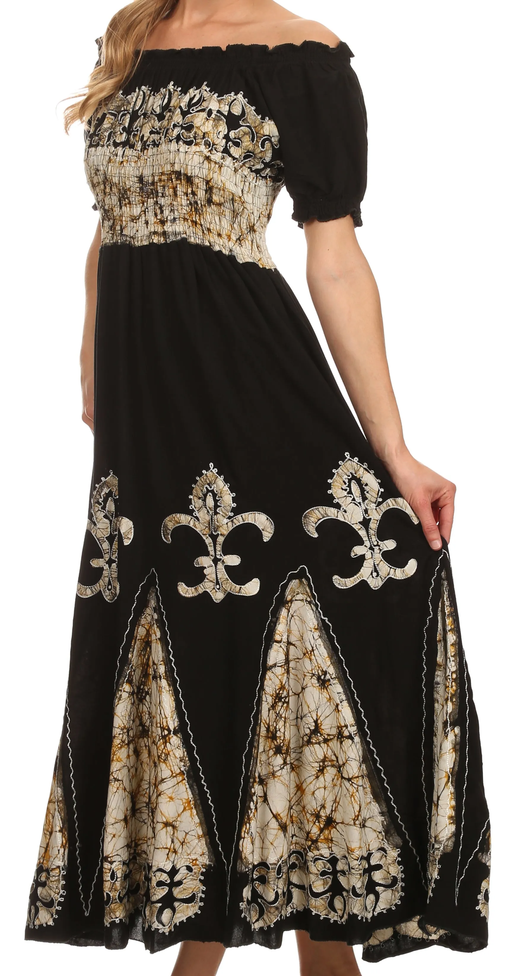 Sakkas Batik Fleur De Lis Embroidered Peasant Dress