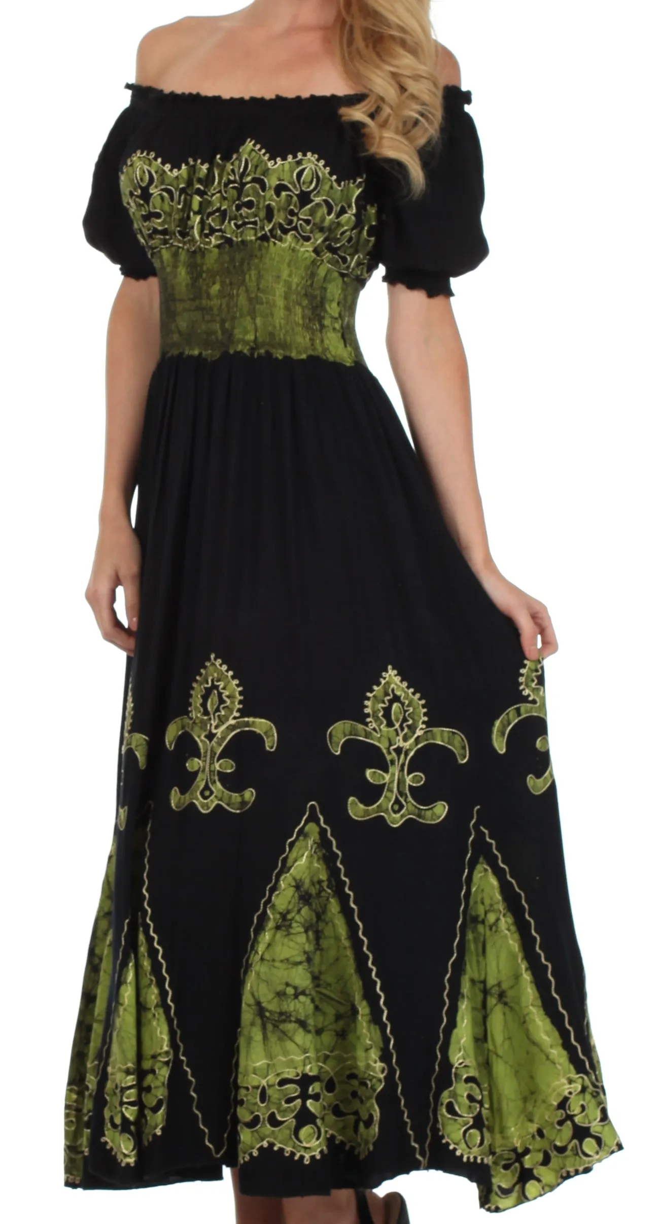 Sakkas Batik Fleur De Lis Embroidered Peasant Dress