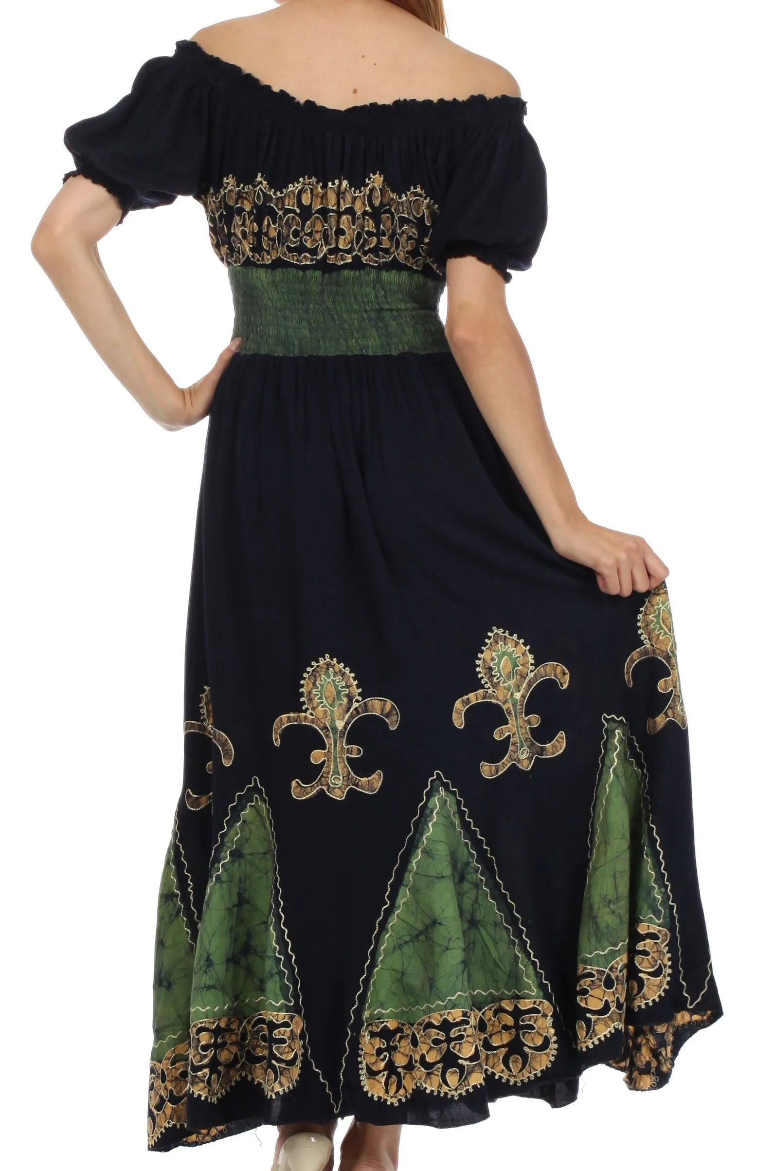 Sakkas Batik Fleur De Lis Embroidered Peasant Dress