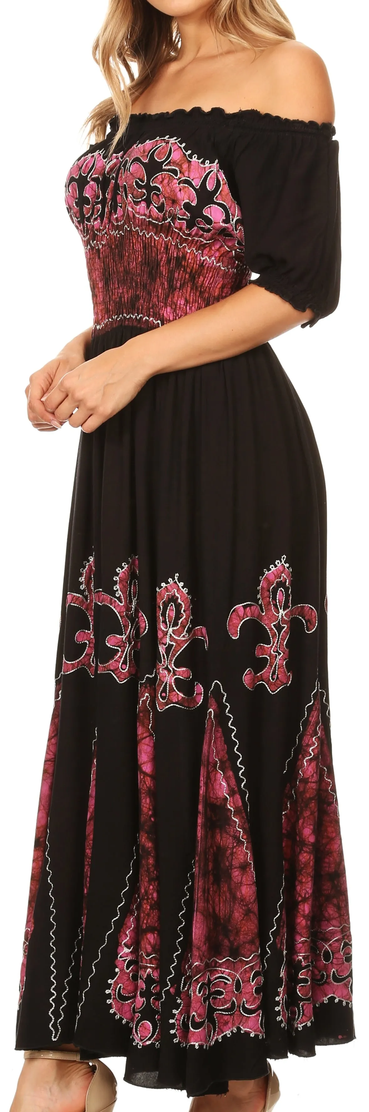 Sakkas Batik Fleur De Lis Embroidered Peasant Dress