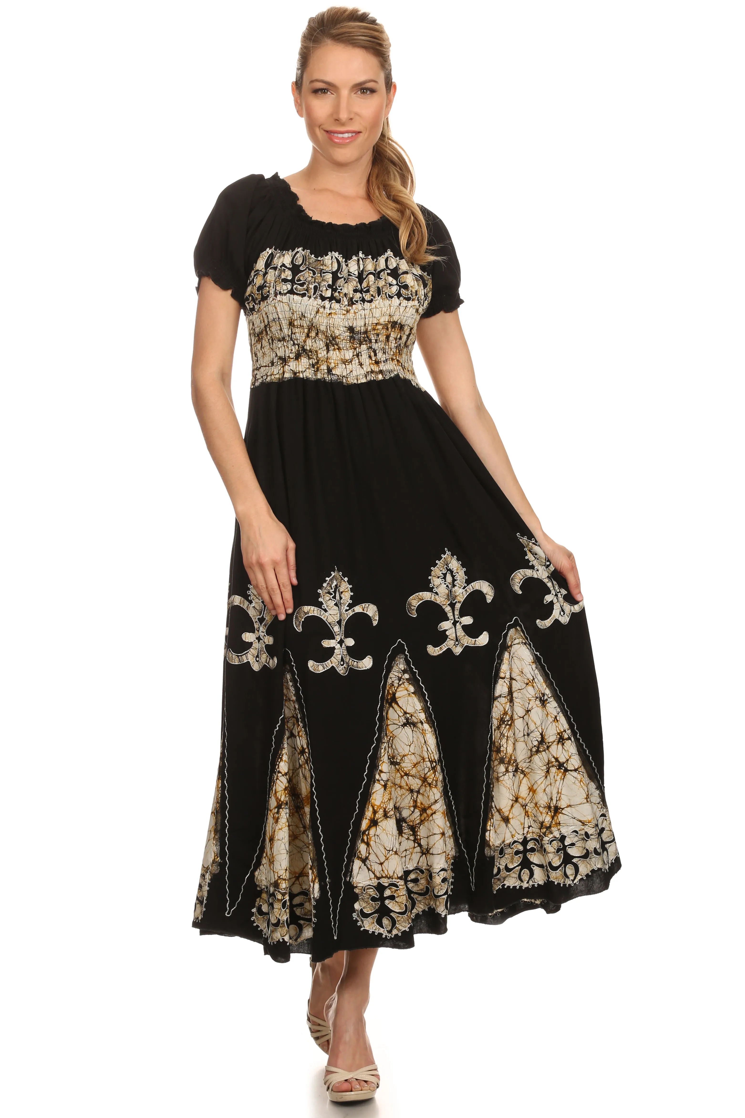 Sakkas Batik Fleur De Lis Embroidered Peasant Dress