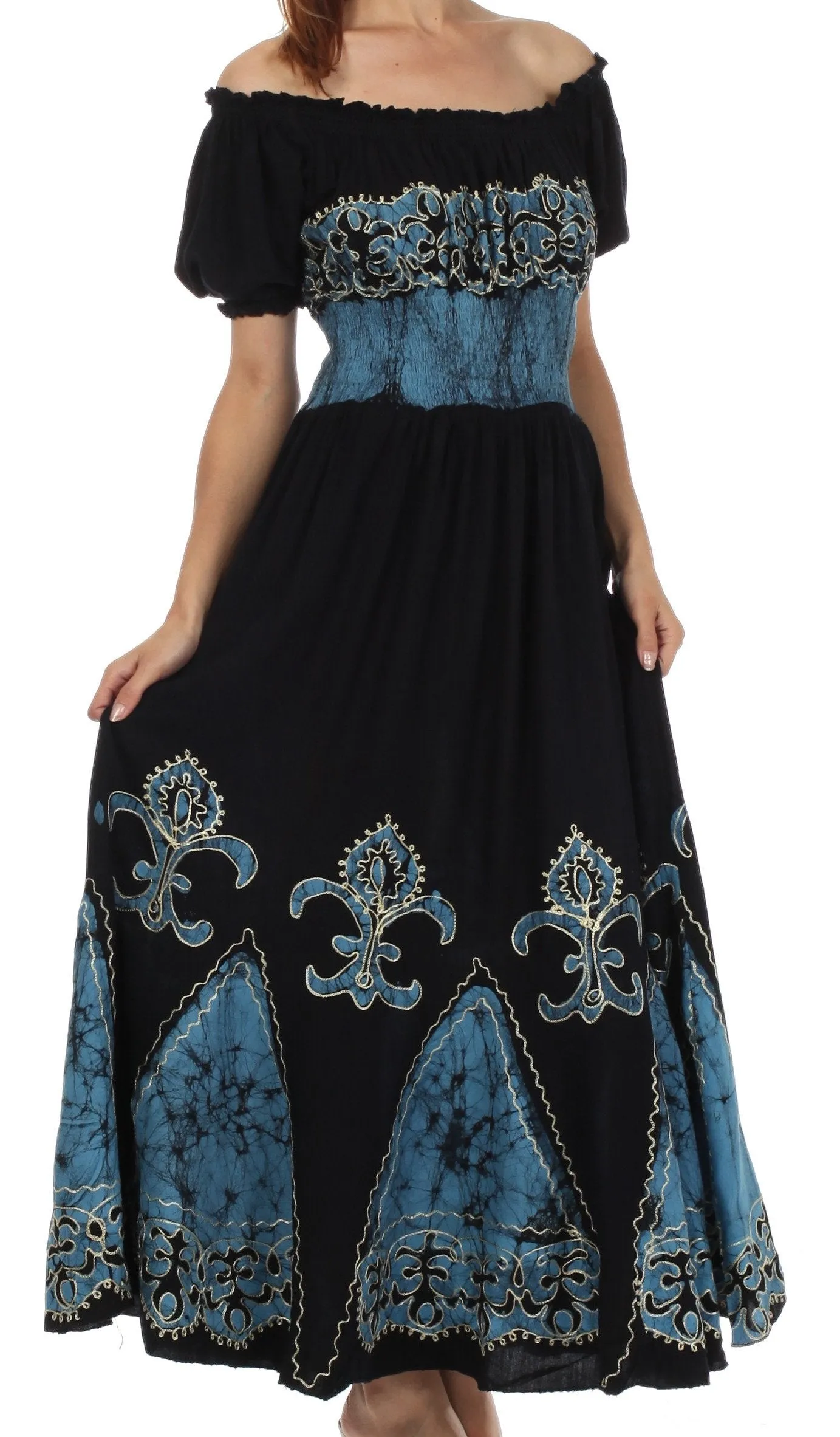 Sakkas Batik Fleur De Lis Embroidered Peasant Dress